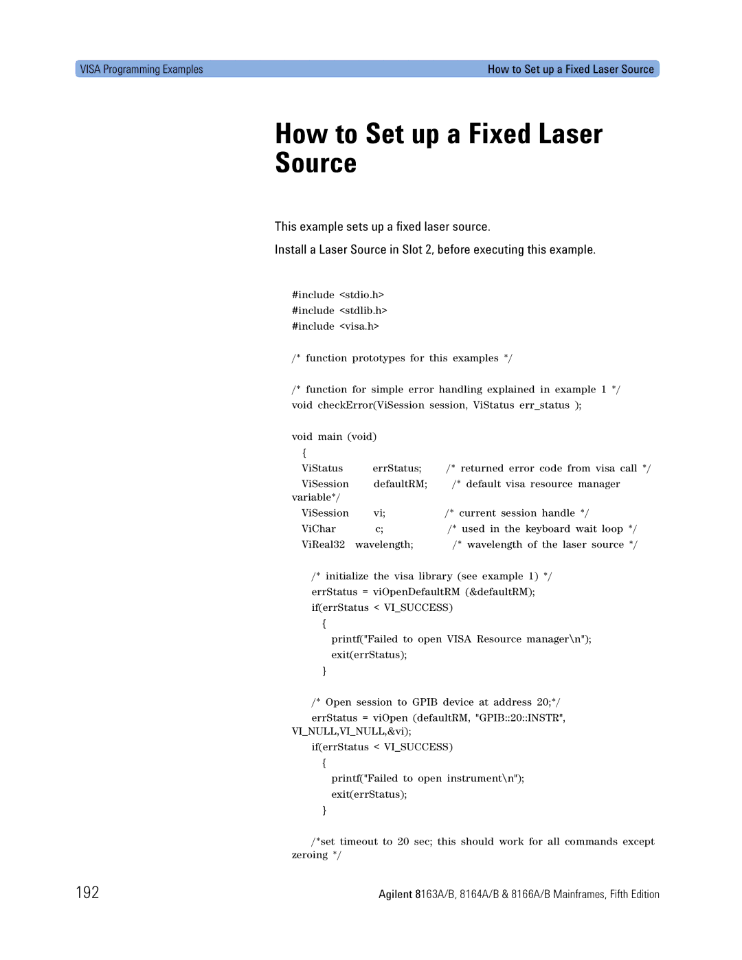 Agilent Technologies B, 8166A, 8163A, 8164A manual How to Set up a Fixed Laser Source, 192 