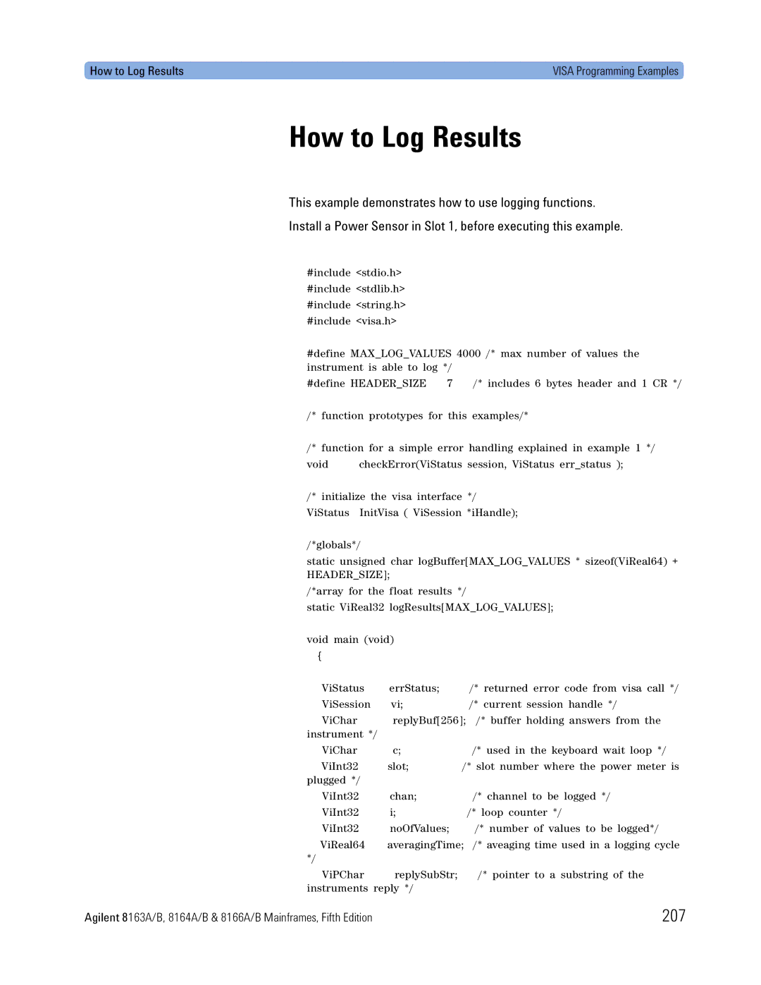 Agilent Technologies 8164A, B, 8166A, 8163A manual How to Log Results, 207 