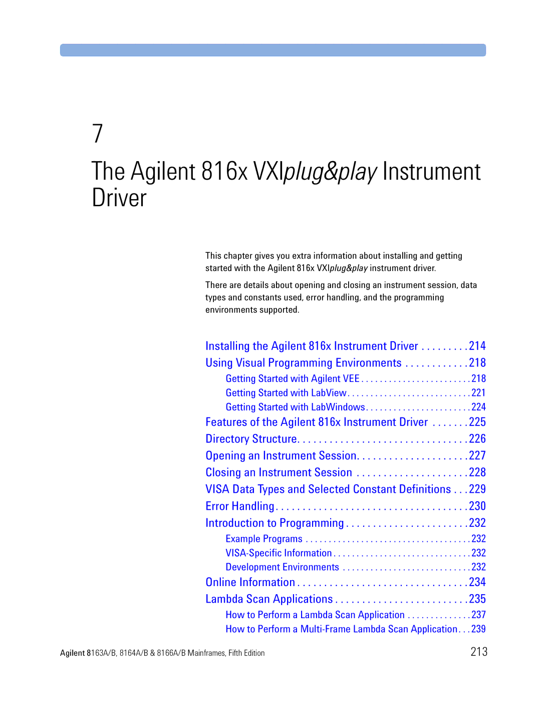 Agilent Technologies 8166A, B, 8163A, 8164A manual Agilent 816x VXIplug&play Instrument Driver, 213 