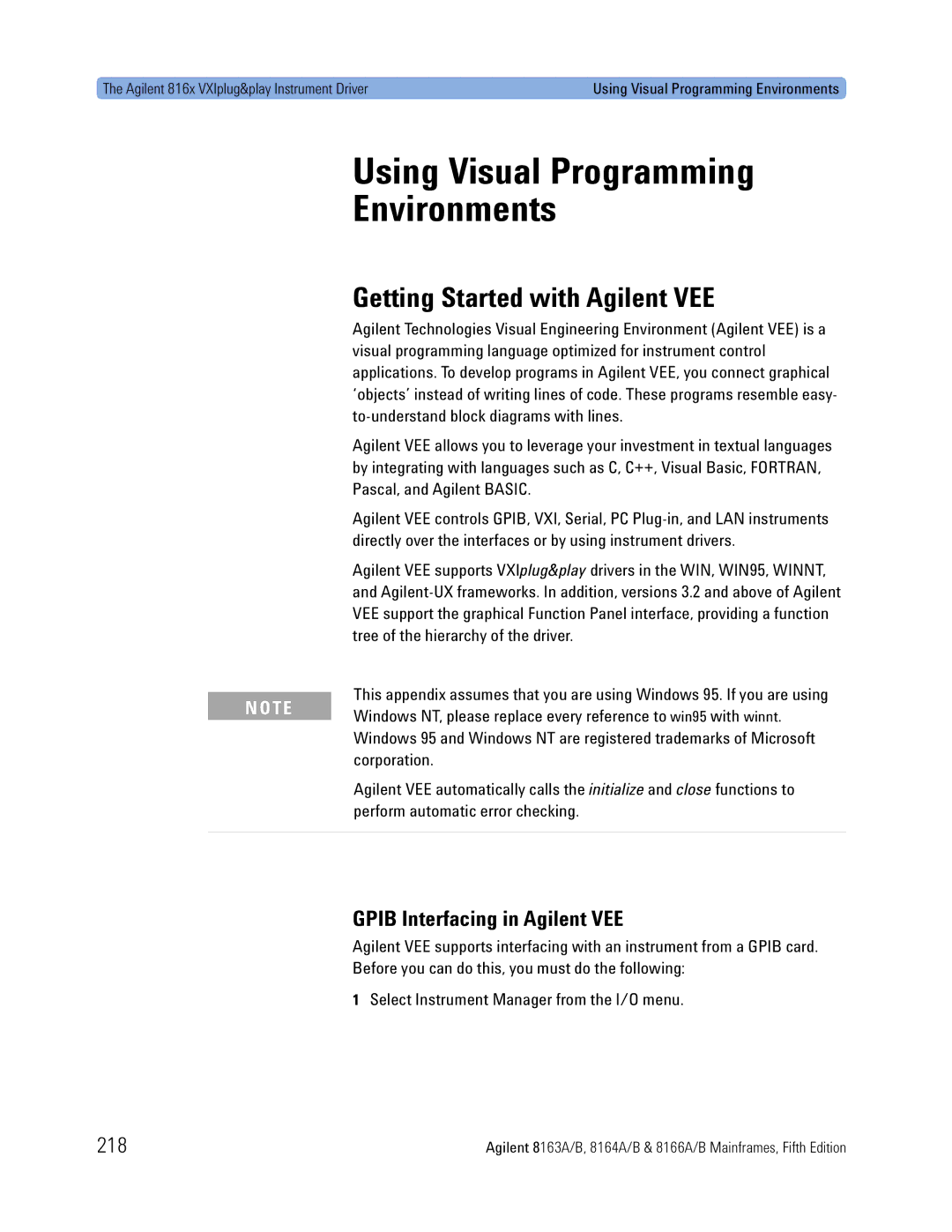 Agilent Technologies 8163A, B, 8166A, 8164A Using Visual Programming Environments, Getting Started with Agilent VEE, 218 