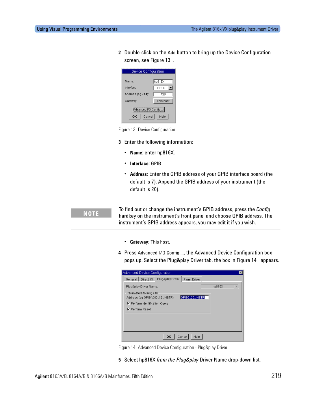 Agilent Technologies 8164A 219, Enter the following information Name enter hp816X, Using Visual Programming Environments 