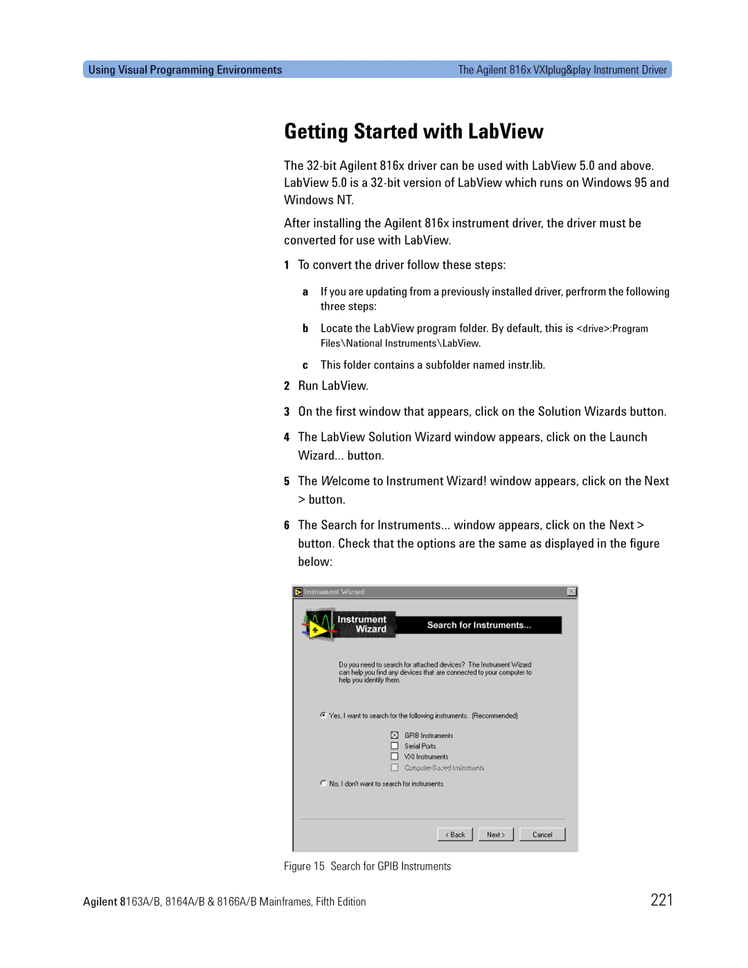 Agilent Technologies 8166A, B, 8163A Getting Started with LabView, 221, This folder contains a subfolder named instr.lib 