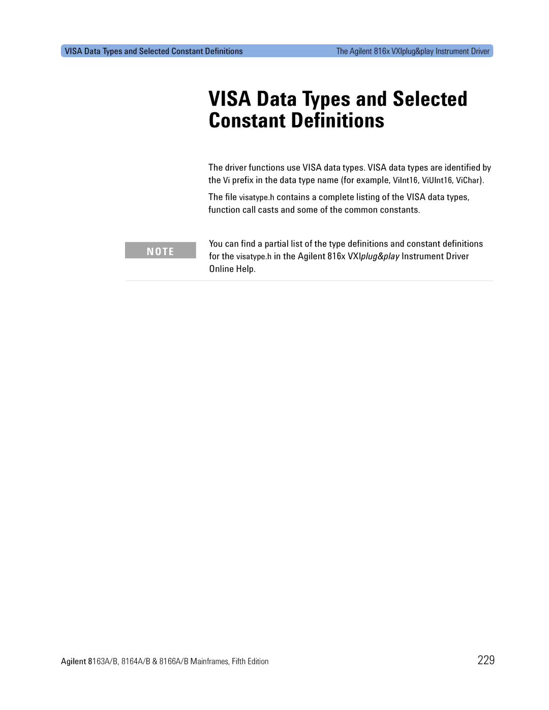 Agilent Technologies 8166A, B, 8163A, 8164A manual 229, Visa Data Types and Selected Constant Definitions 