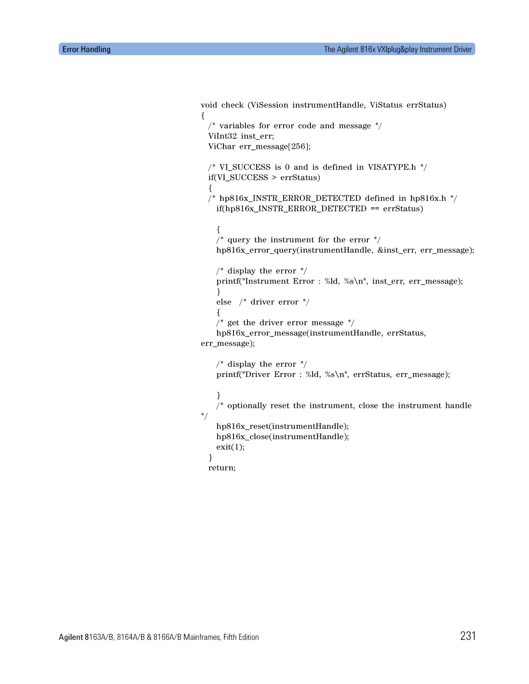 Agilent Technologies 8164A, B, 8166A, 8163A manual 231, Error Handling 