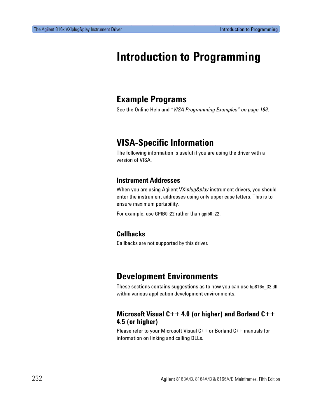 Agilent Technologies B Introduction to Programming, Example Programs, VISA-Specific Information, Development Environments 