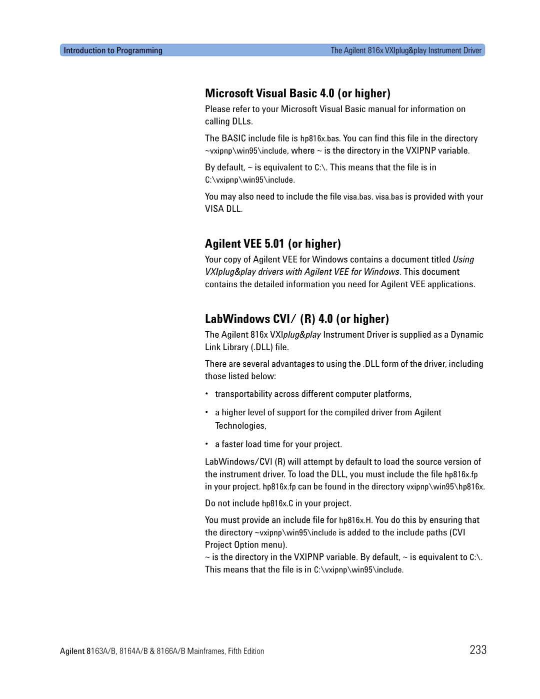 Agilent Technologies 8166A, 8163A, 8164A manual Microsoft Visual Basic 4.0 or higher, Agilent VEE 5.01 or higher, 233 