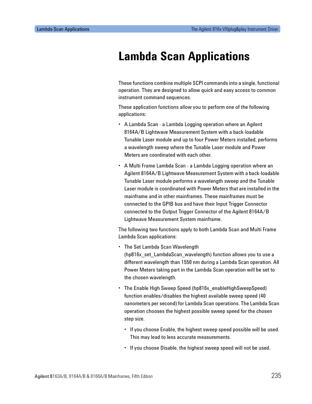 Agilent Technologies 8164A, B, 8166A, 8163A manual Lambda Scan Applications, 235 