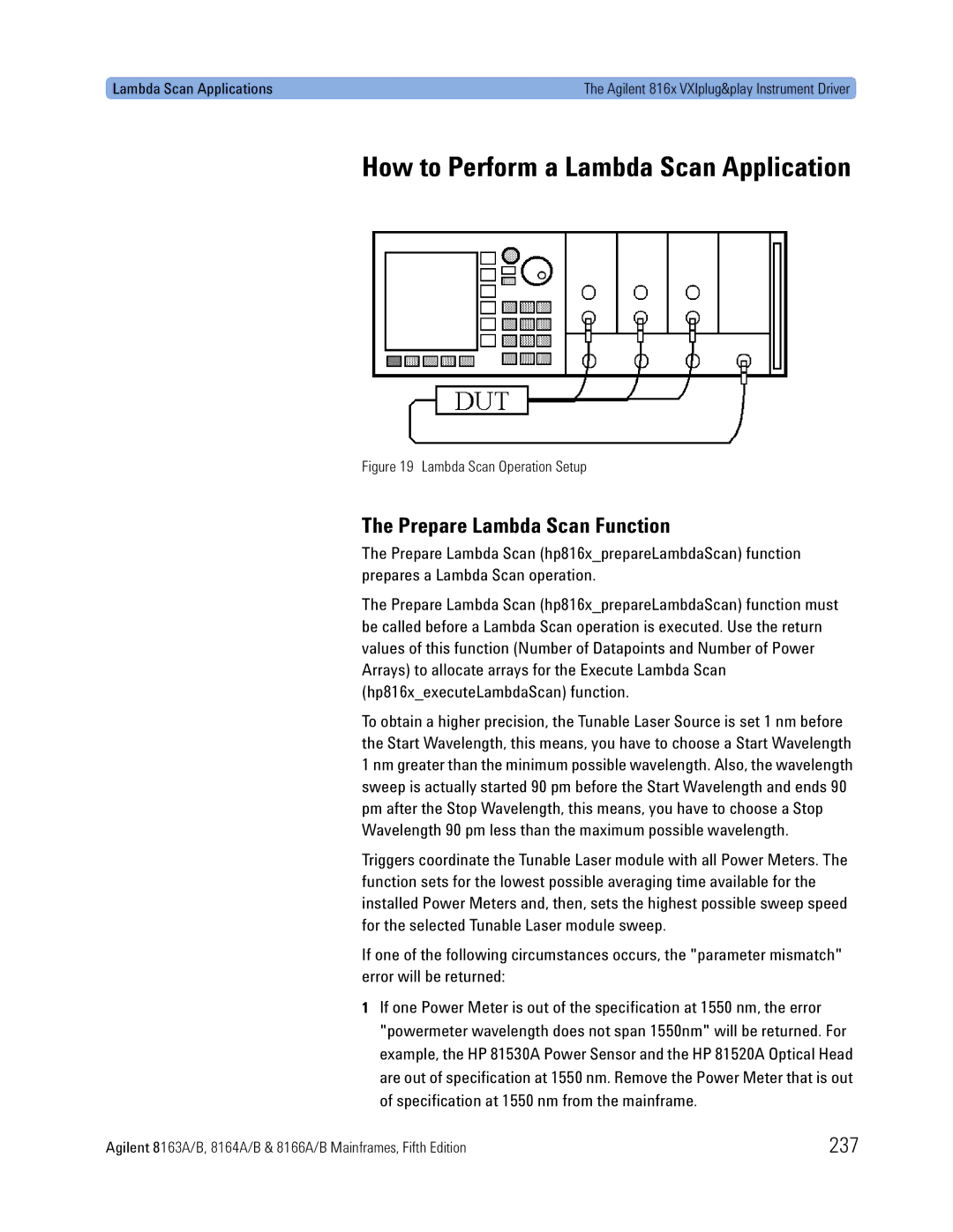 Agilent Technologies 8166A, B, 8163A, 8164A manual How to Perform a Lambda Scan Application, Prepare Lambda Scan Function, 237 