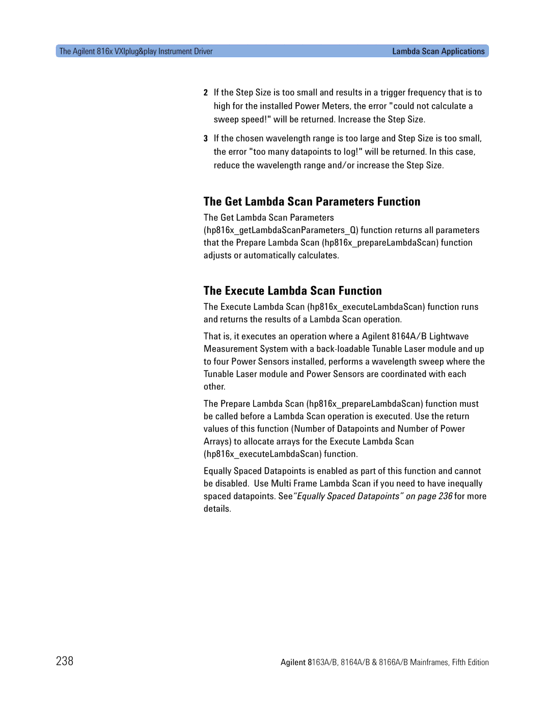 Agilent Technologies 8163A, B, 8166A, 8164A manual Get Lambda Scan Parameters Function, Execute Lambda Scan Function, 238 