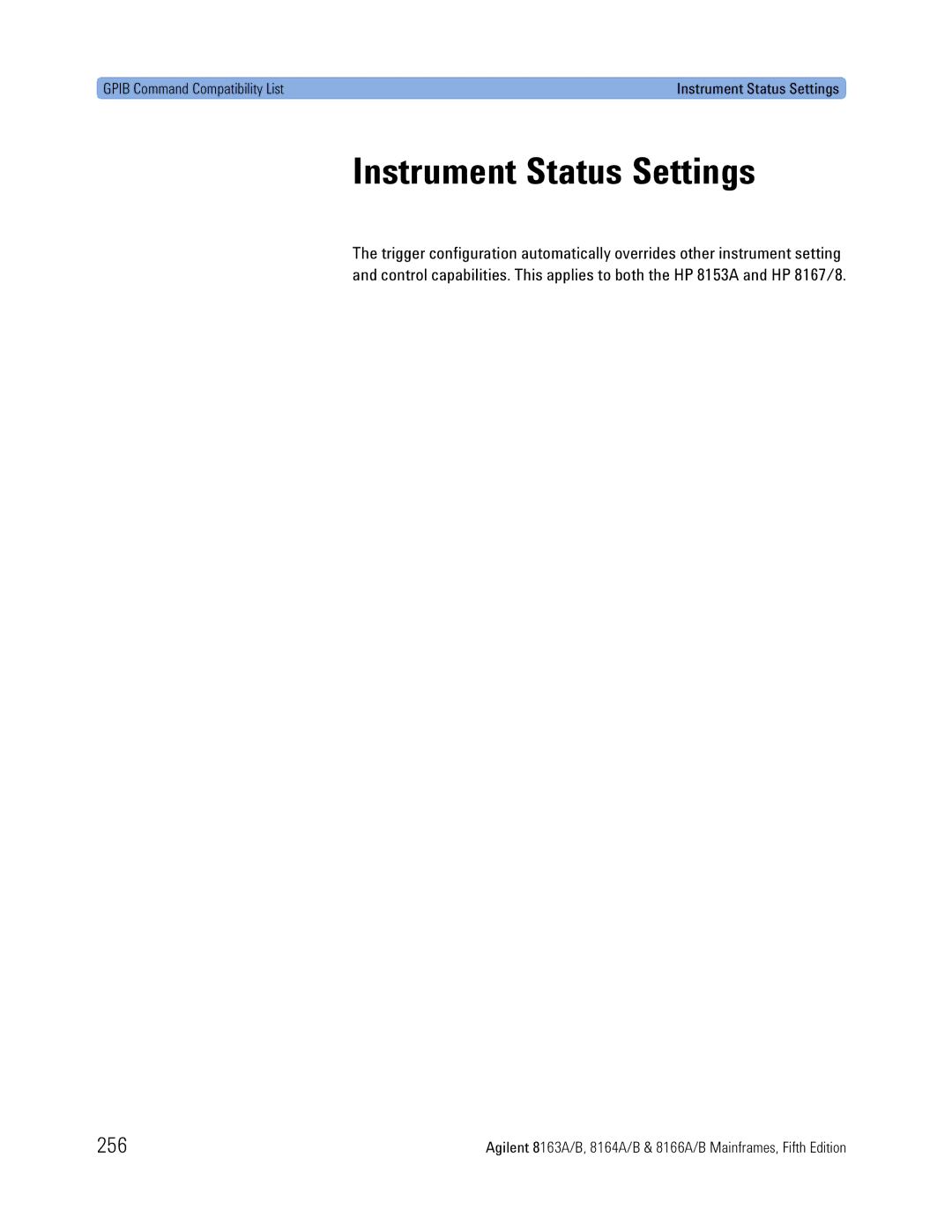 Agilent Technologies 8163A, B, 8166A, 8164A manual Instrument Status Settings, 256 