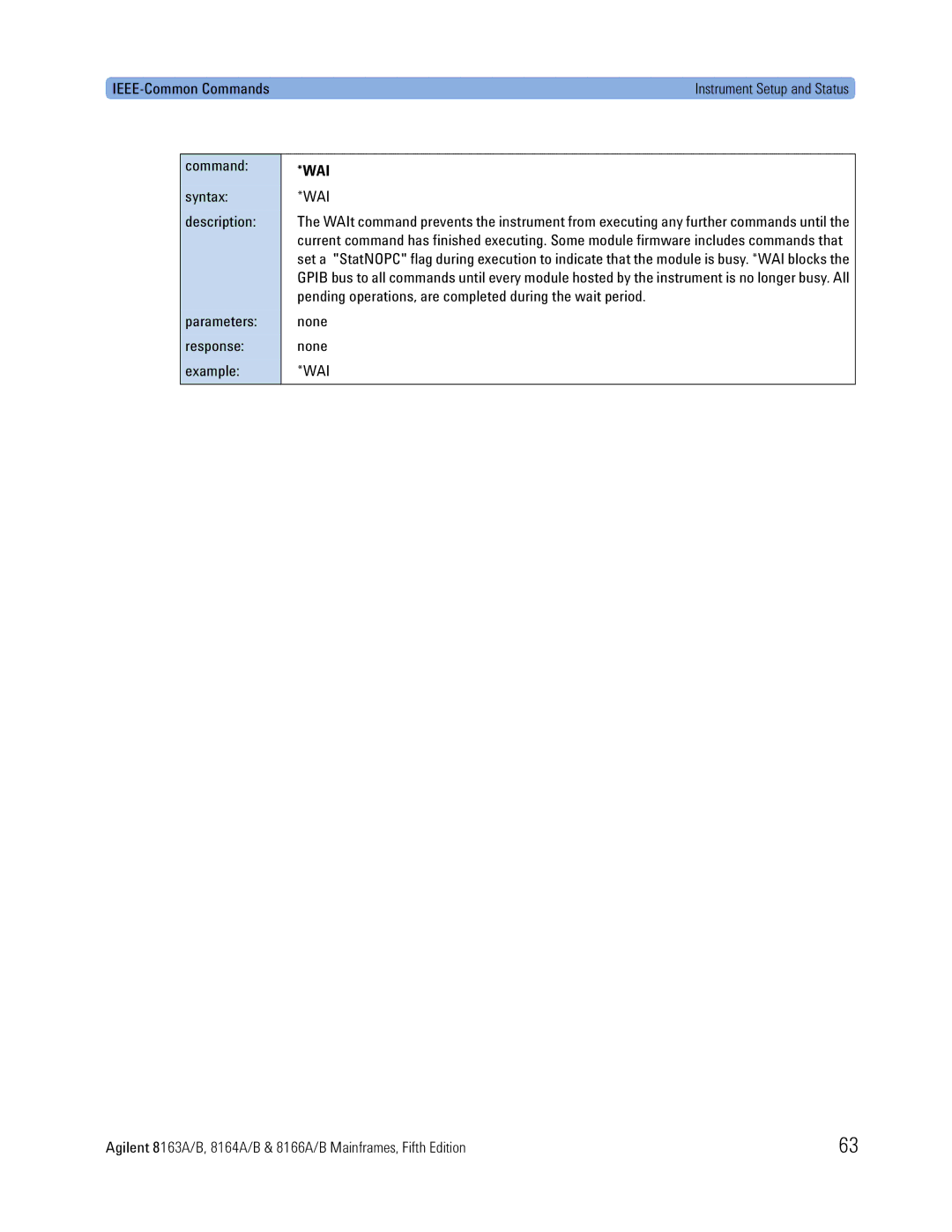 Agilent Technologies 8164A, B, 8166A, 8163A manual Wai, Pending operations, are completed during the wait period 