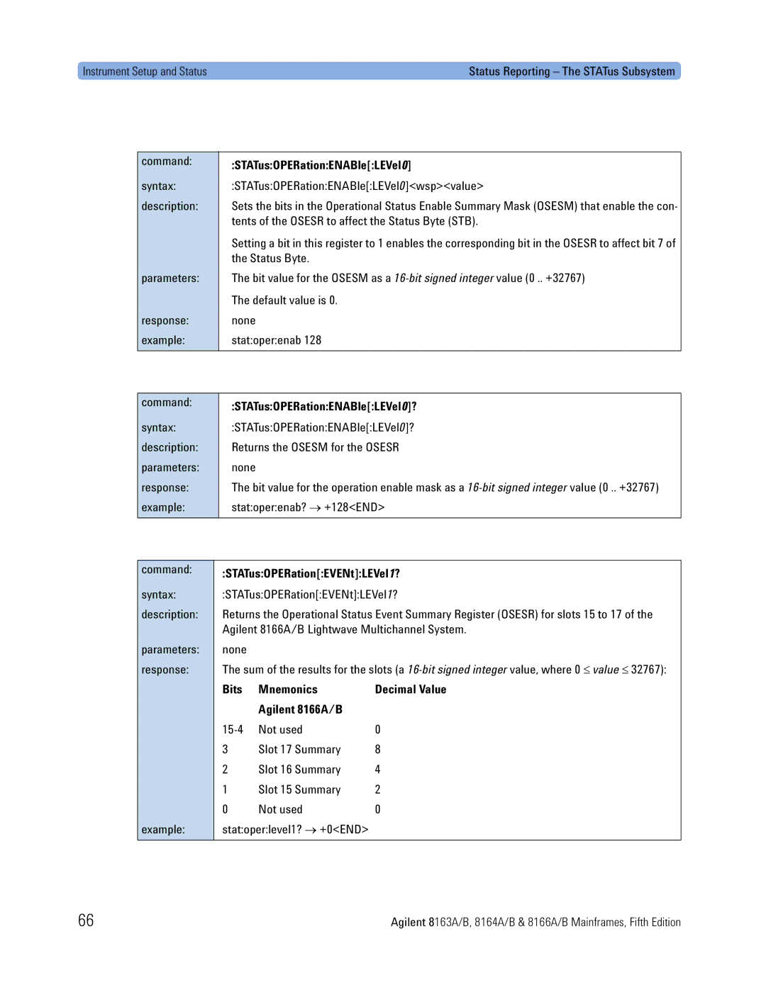 Agilent Technologies 8163A, 8166A, 8164A manual STATusOPERationENABleLEVel0?, STATusOPERationEVENtLEVel1? 