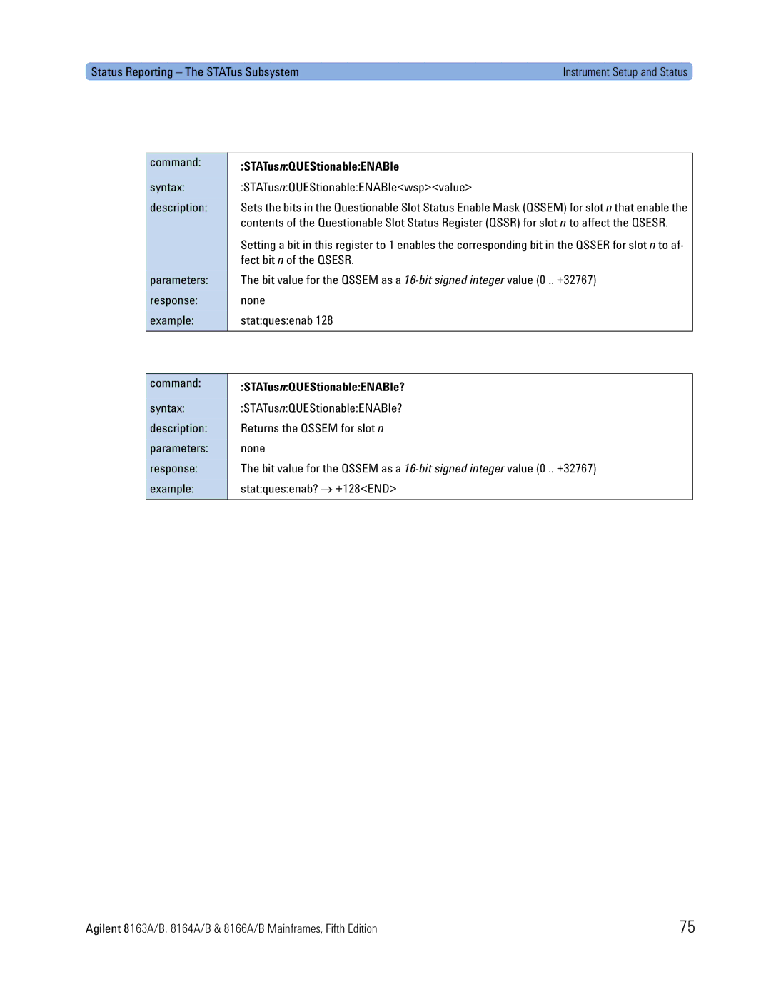 Agilent Technologies 8164A, 8166A, 8163A manual STATusnQUEStionableENABlewspvalue, STATusnQUEStionableENABle? 