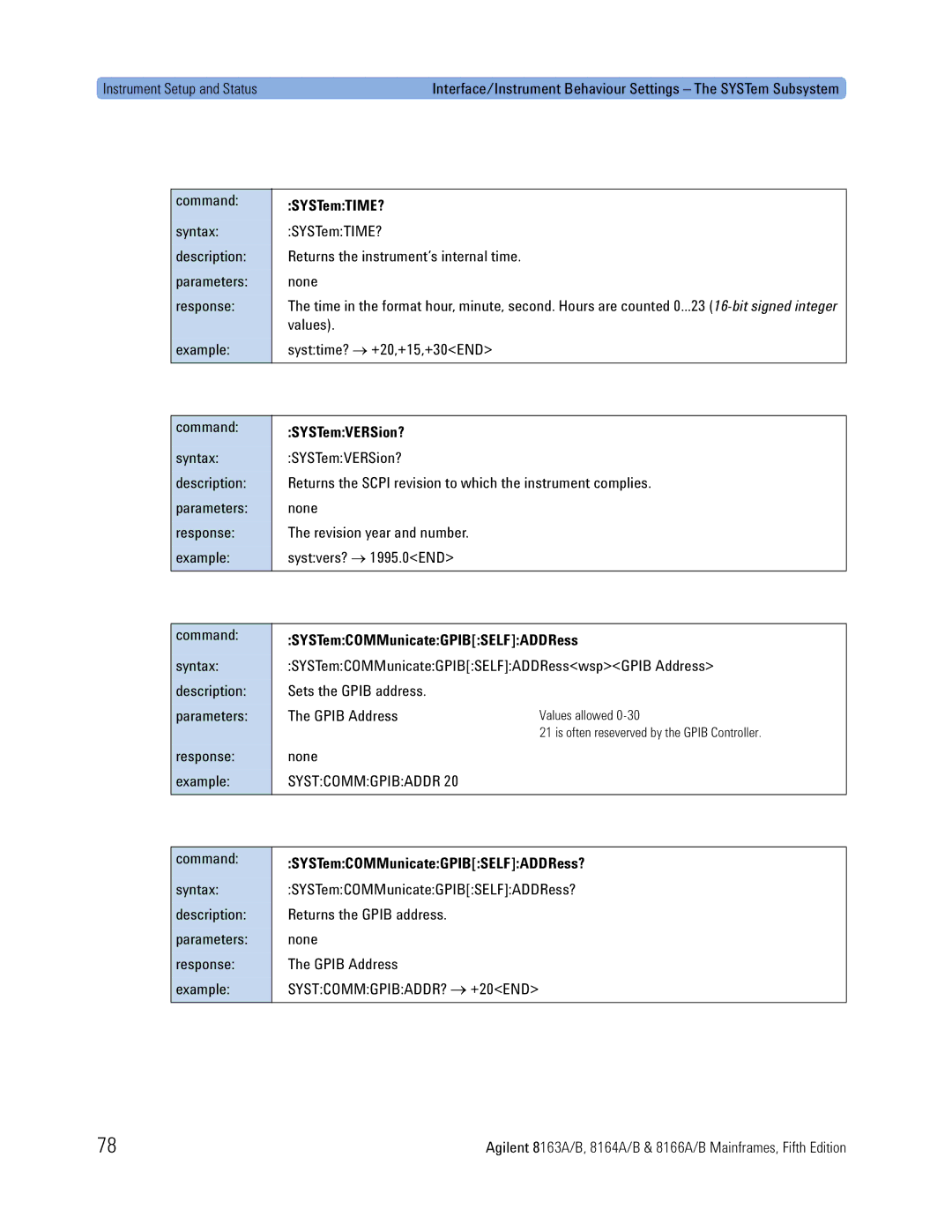 Agilent Technologies 8163A, 8166A, 8164A SYSTemTIME?, SYSTemVERSion?, SYSTemCOMMunicateGPIBSELFADDRess, Systcommgpibaddr 