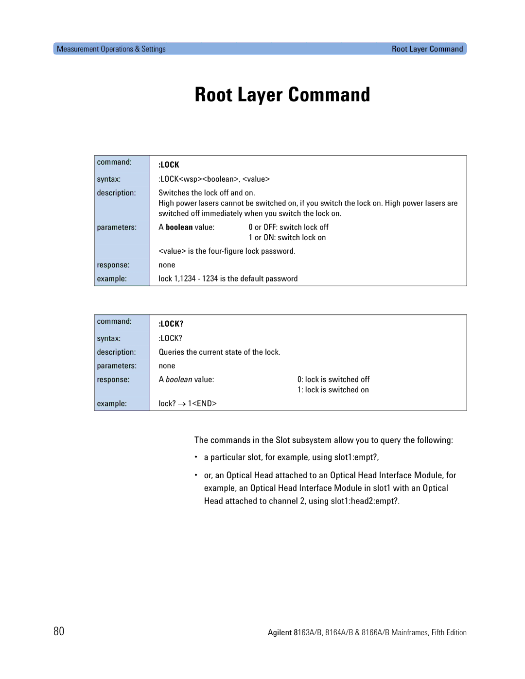 Agilent Technologies B, 8166A, 8163A, 8164A manual Root Layer Command, Measurement Operations & Settings, Lock? 