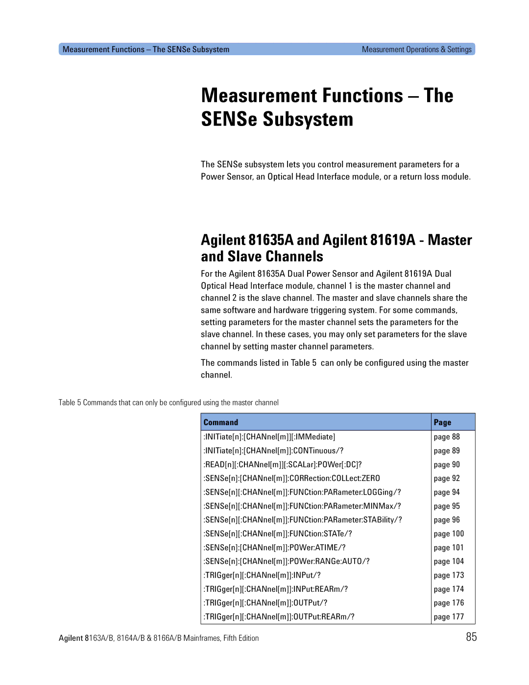 Agilent Technologies 8166A Measurement Functions SENSe Subsystem, Agilent 81635A and Agilent 81619A Master Slave Channels 