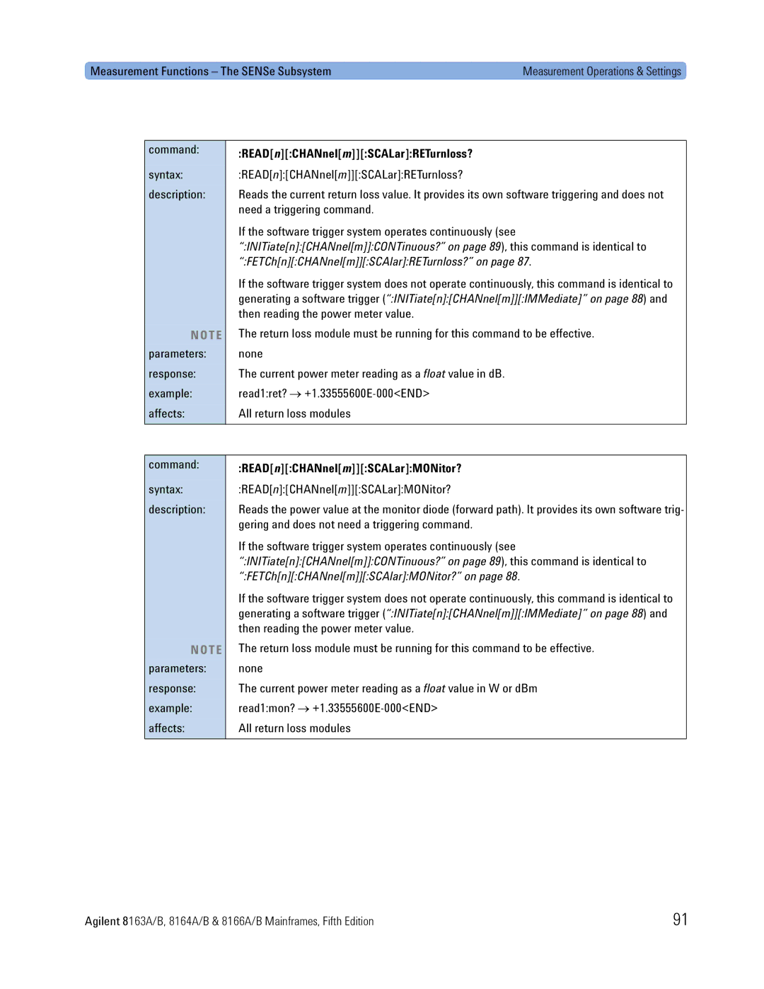 Agilent Technologies 8164A, B, 8166A, 8163A manual READnCHANnelmSCALarRETurnloss?, READnCHANnelmSCALarMONitor? 