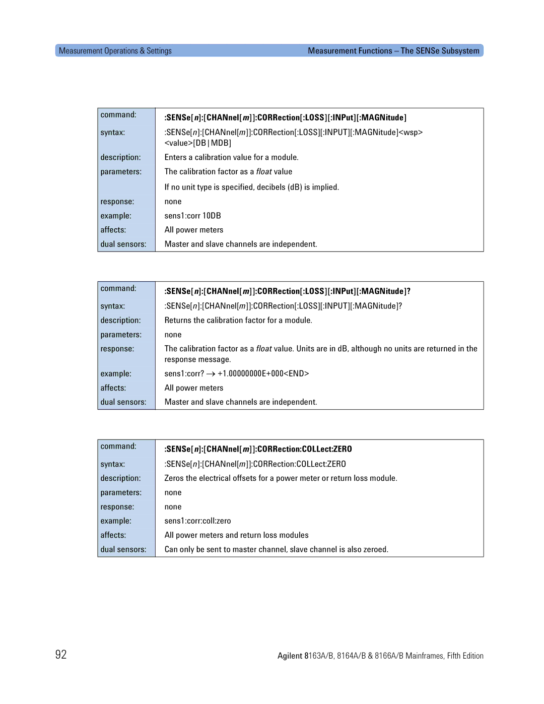 Agilent Technologies B, 8166A SENSe nCHANnel mCORRectionLOSSINPutMAGNitude, SENSenCHANnelmCORRectionLOSSINPutMAGNitude? 