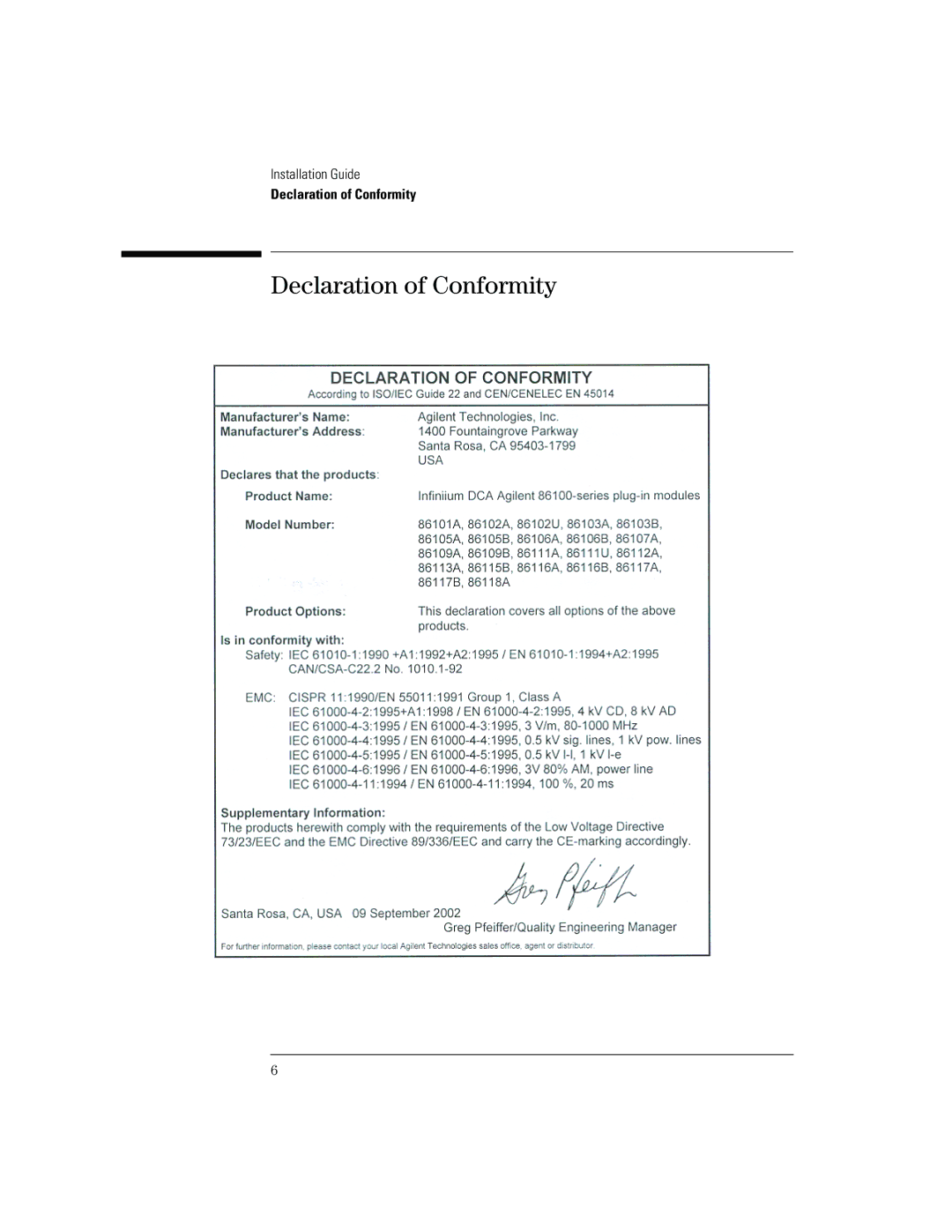 Agilent Technologies B, 86100A manual Declaration of Conformity 