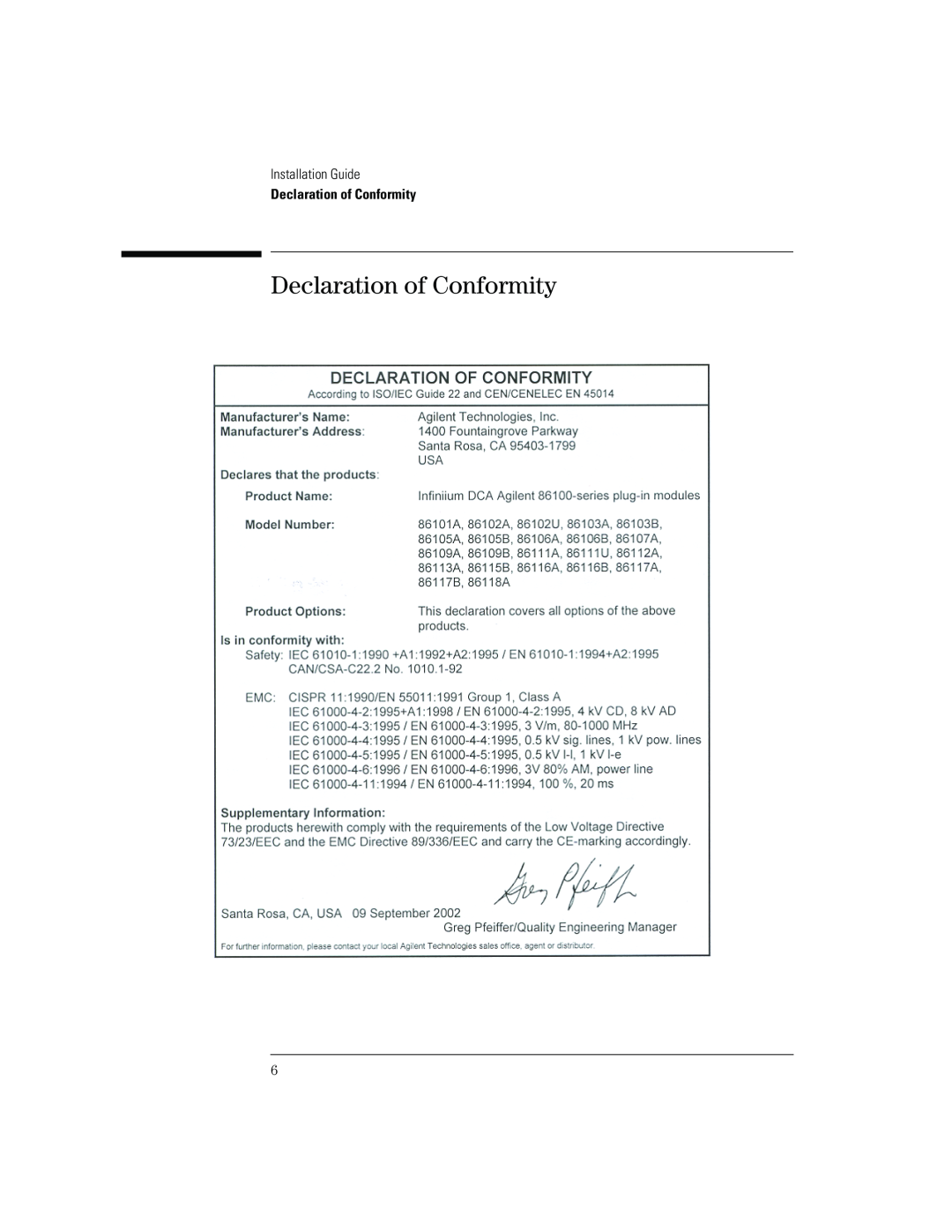 Agilent Technologies B, 86100A manual Declaration of Conformity, Installation Guide 