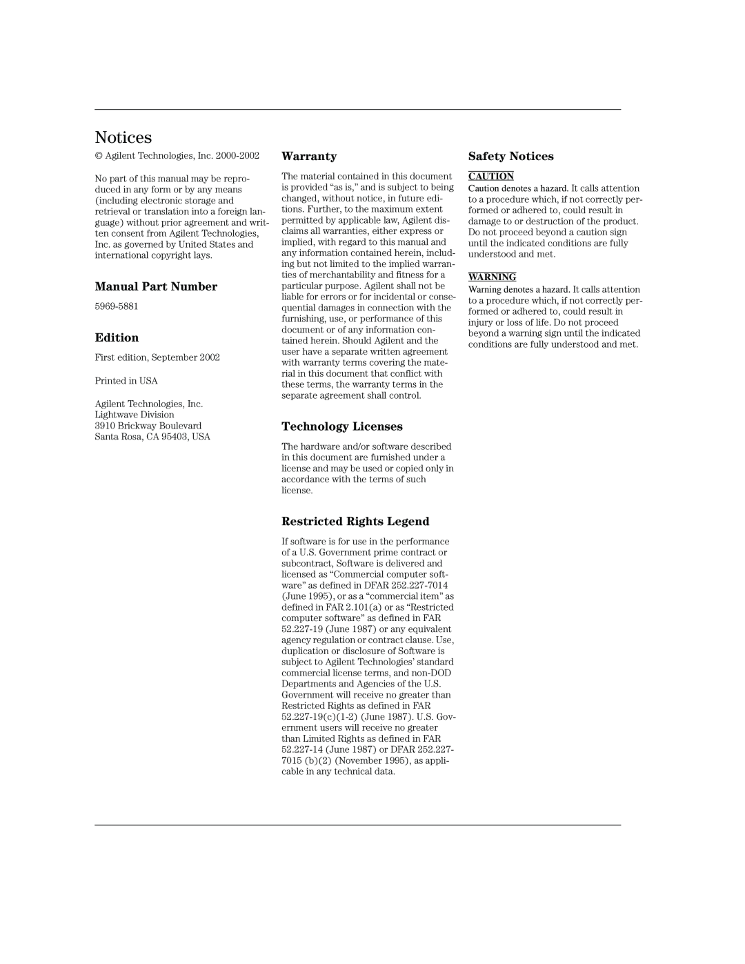 Agilent Technologies B, 86100A manual Notices, 5969-5881, Agilent Technologies, Inc Lightwave Division 