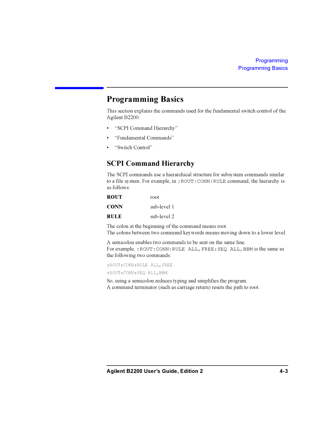 Agilent Technologies B2201A, B2200A manual Programming Basics, Scpi Command Hierarchy 