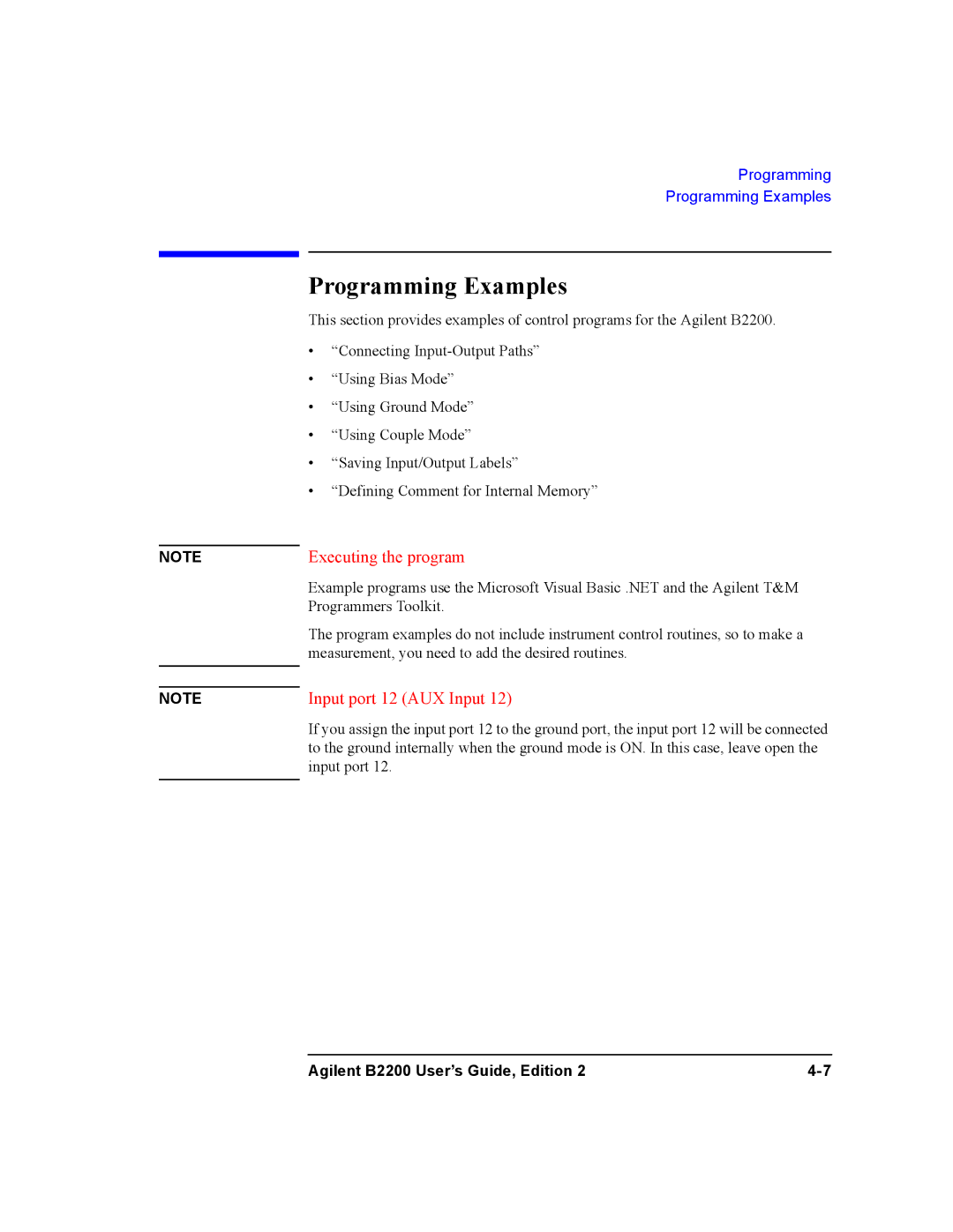 Agilent Technologies B2201A, B2200A manual Programming Examples, Executing the program 