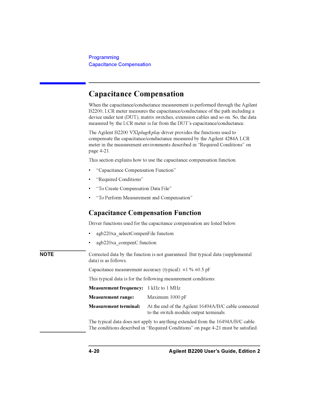 Agilent Technologies B2200A, B2201A manual Capacitance Compensation Function 