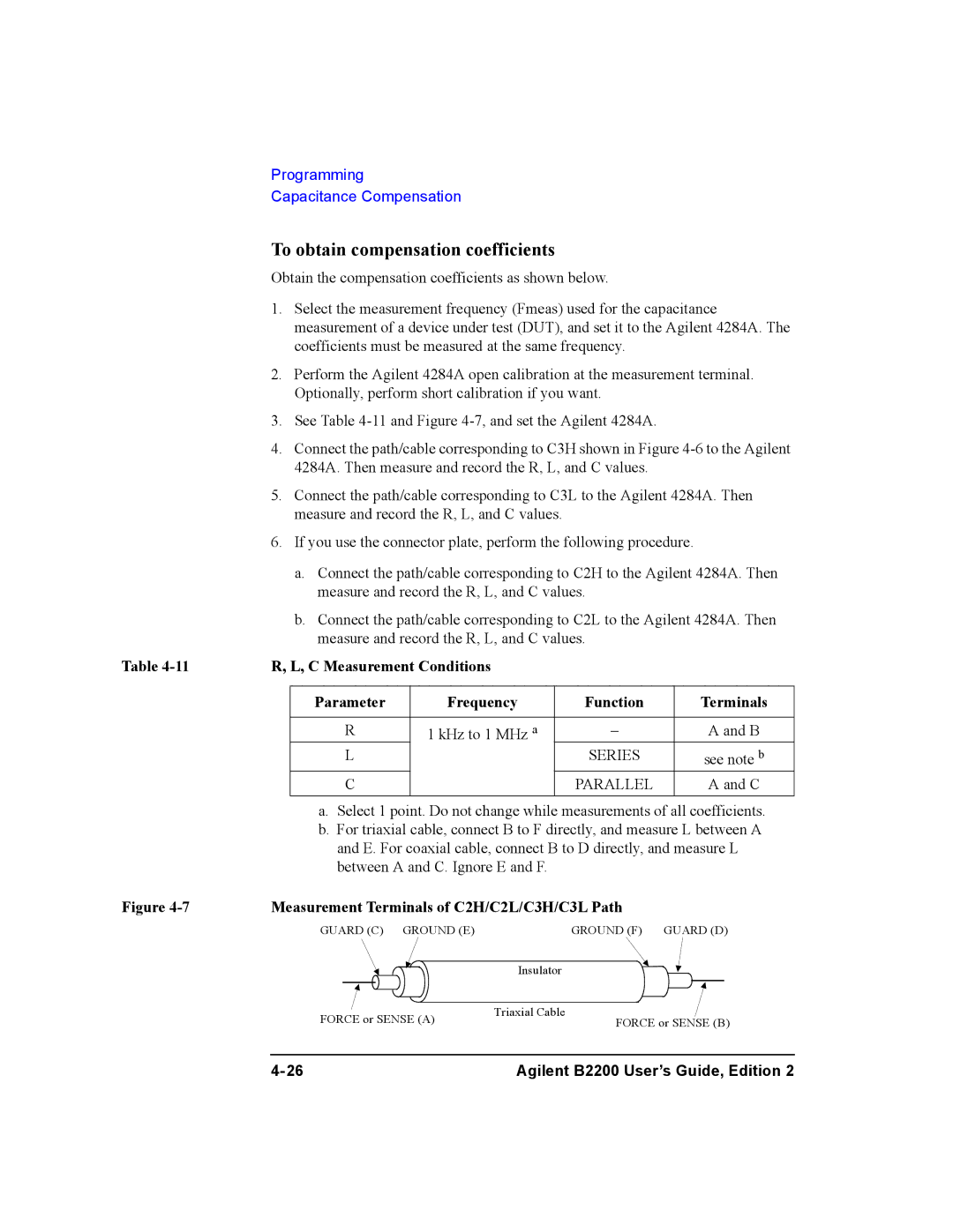 Agilent Technologies B2200A, B2201A To obtain compensation coefficients, Measurement Terminals of C2H/C2L/C3H/C3L Path 