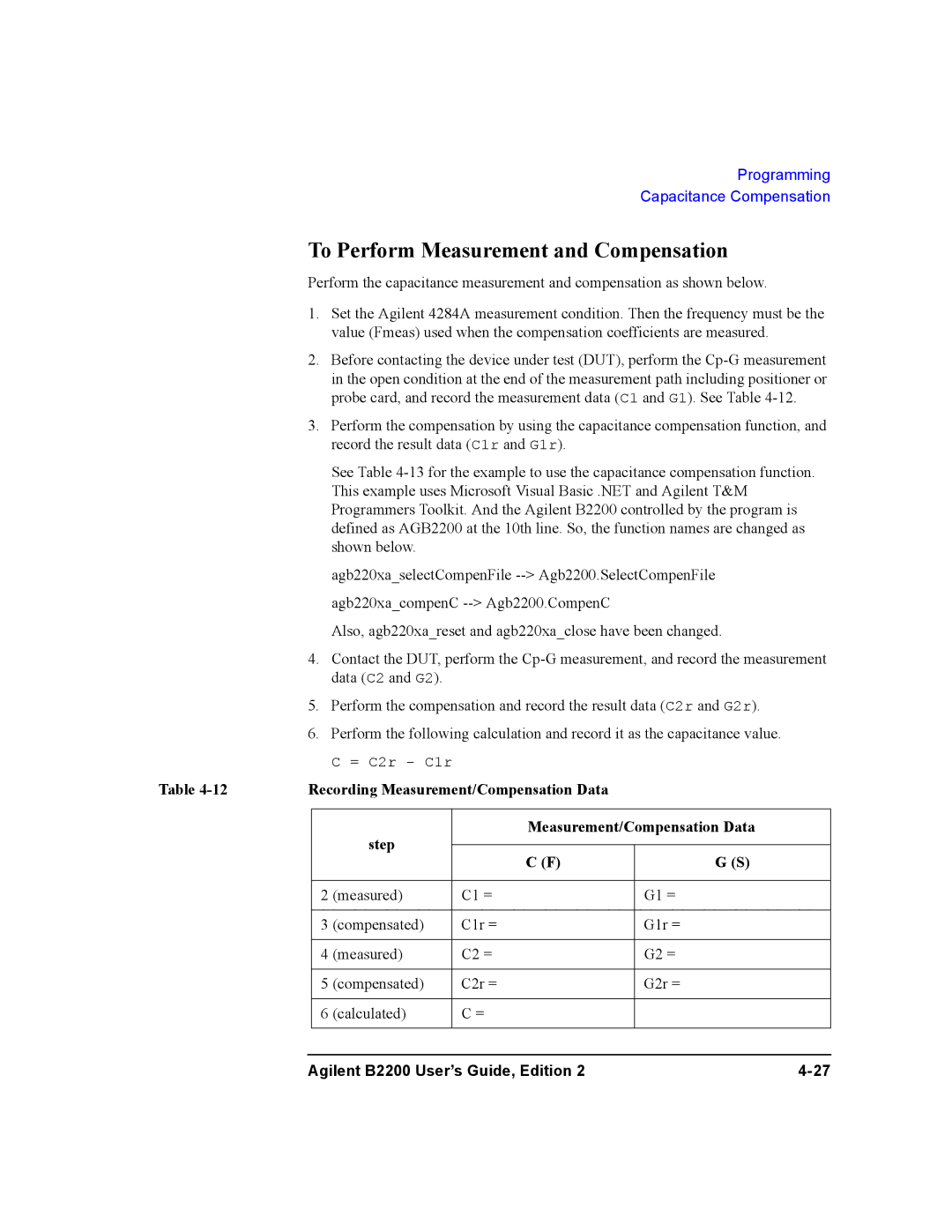 Agilent Technologies B2201A, B2200A To Perform Measurement and Compensation, Recording Measurement/Compensation Data Step 