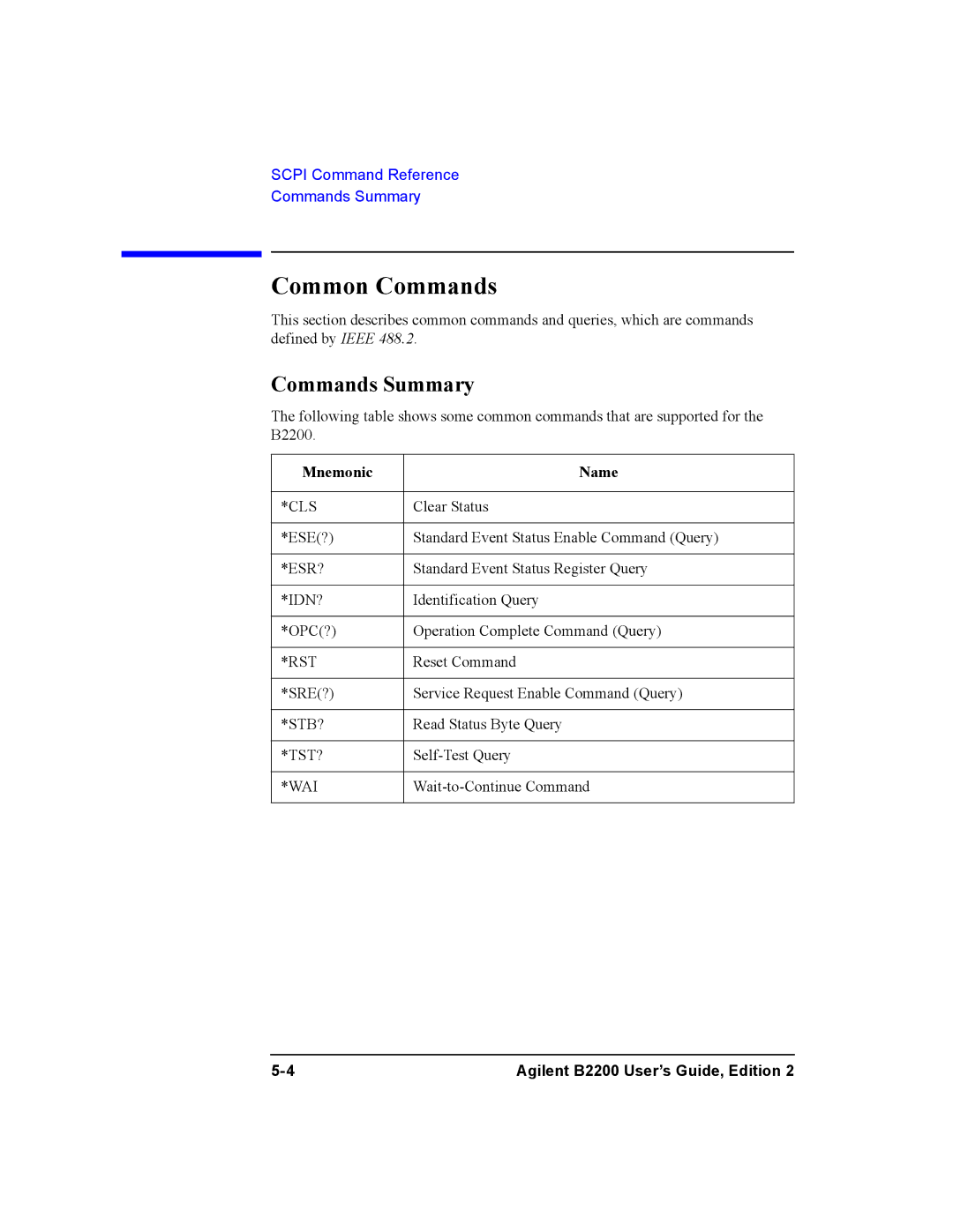 Agilent Technologies B2200A, B2201A manual Common Commands, Commands Summary, Mnemonic Name 