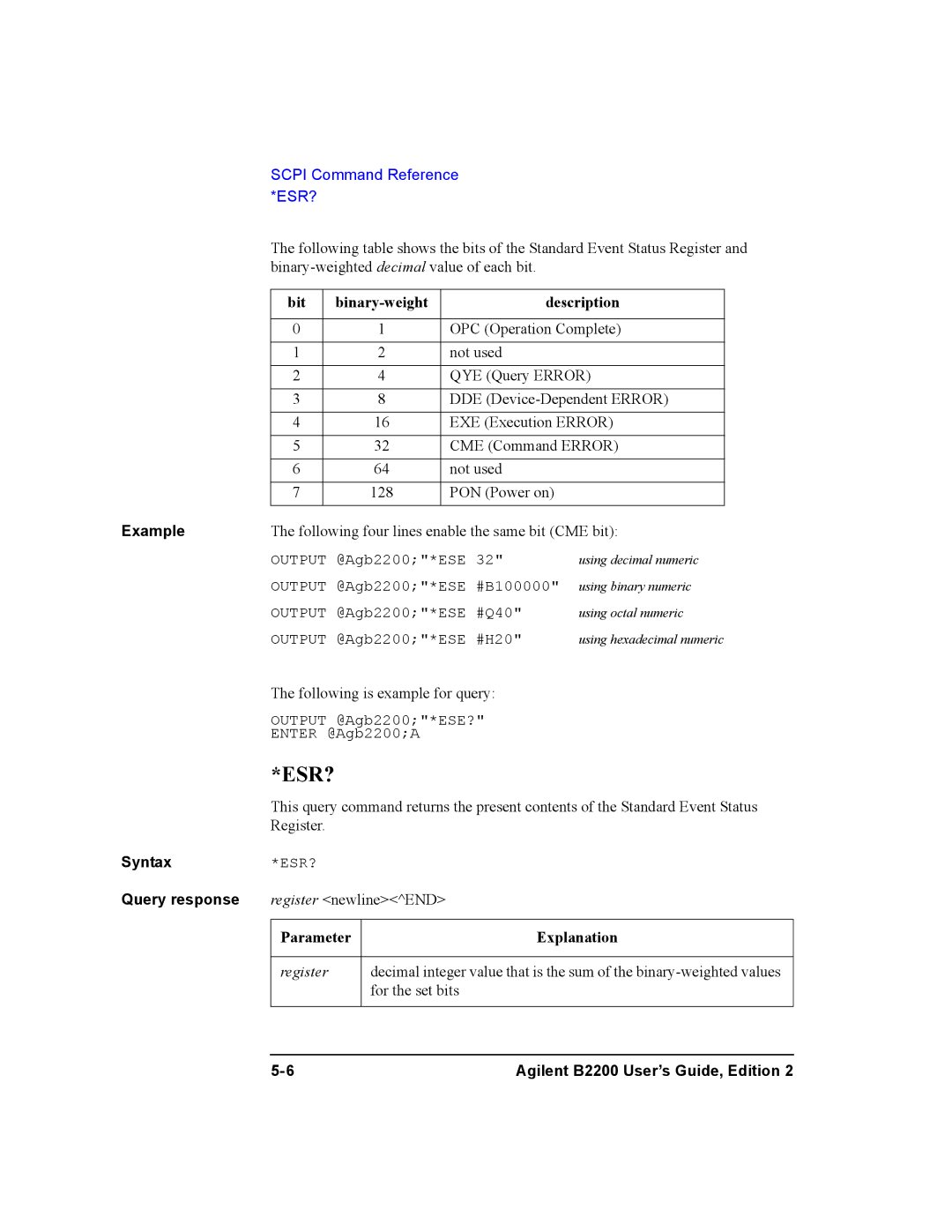 Agilent Technologies B2200A, B2201A manual Scpi Command Reference *ESR?, Bit Binary-weight Description 