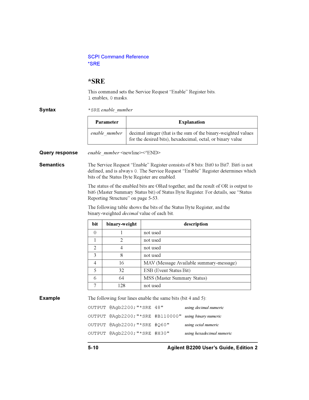 Agilent Technologies B2200A, B2201A manual Sre, Parameter Explanation 