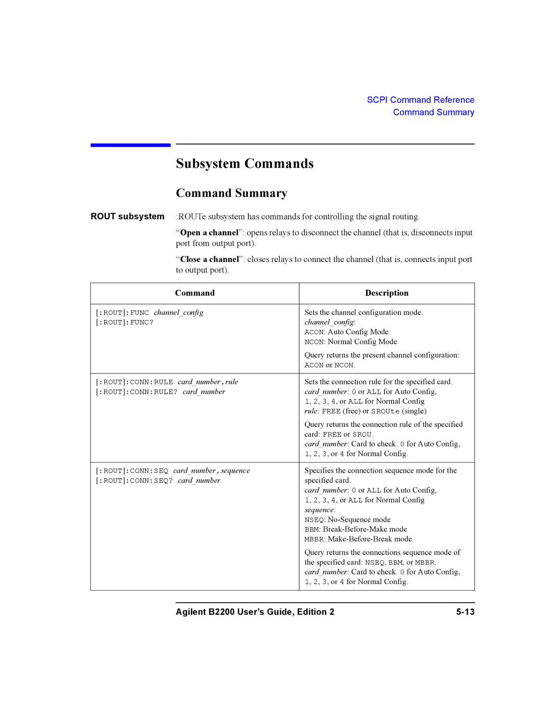 Agilent Technologies B2201A, B2200A manual Subsystem Commands, Command Summary, Command Description 