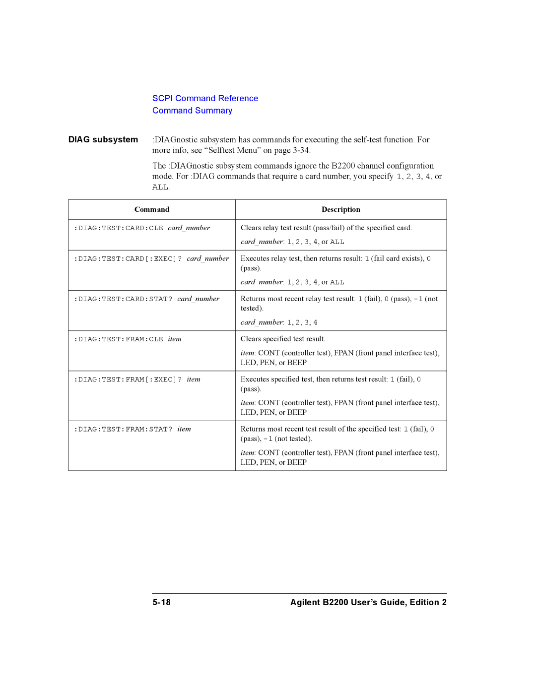 Agilent Technologies B2200A, B2201A manual Command Description 