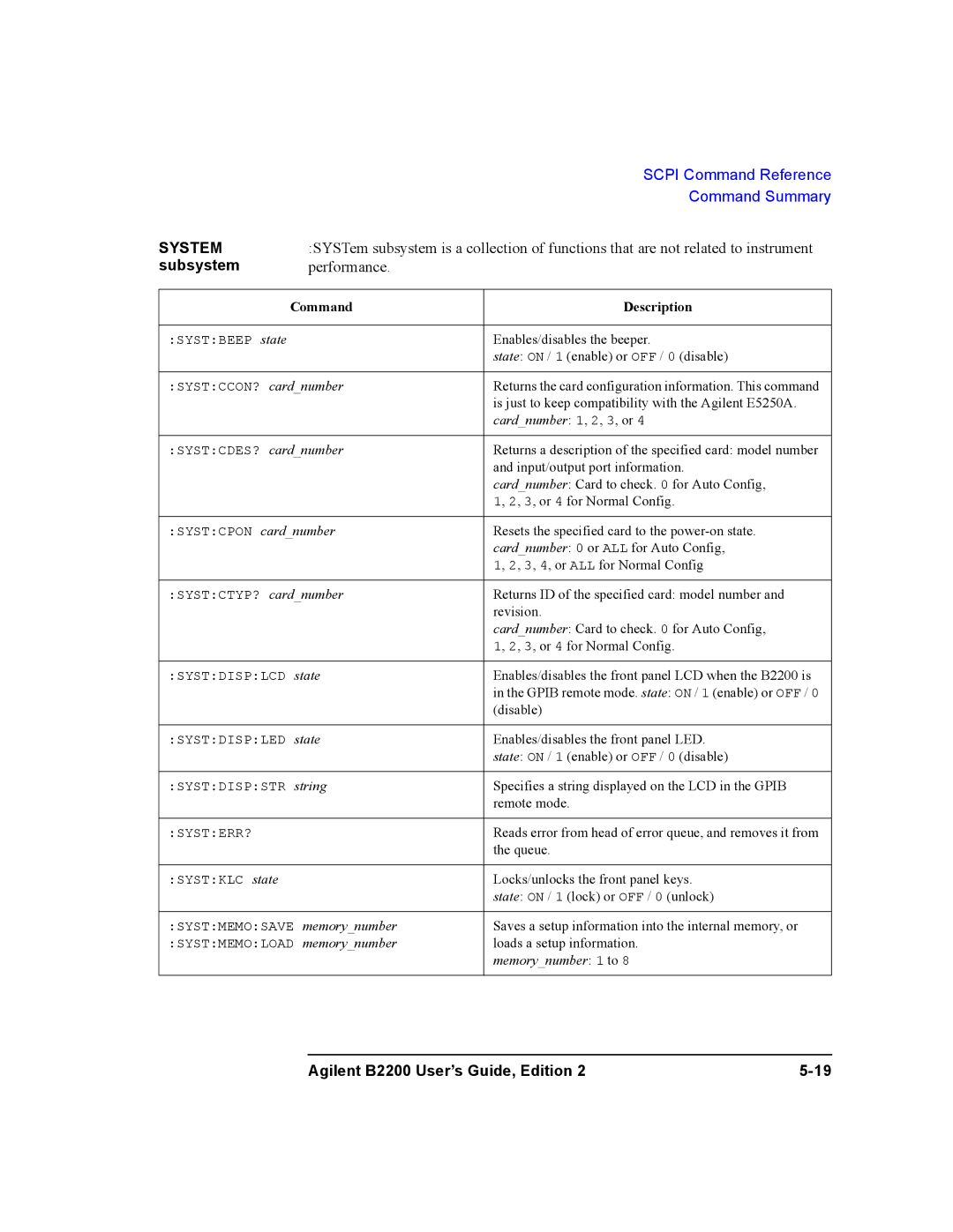 Agilent Technologies B2201A, B2200A manual System subsystem 