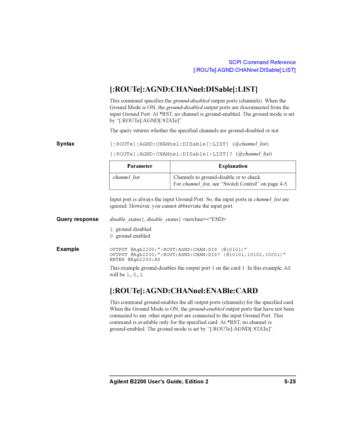 Agilent Technologies B2201A, B2200A manual ROUTeAGNDCHANnelDISableLIST, ROUTeAGNDCHANnelENABleCARD 