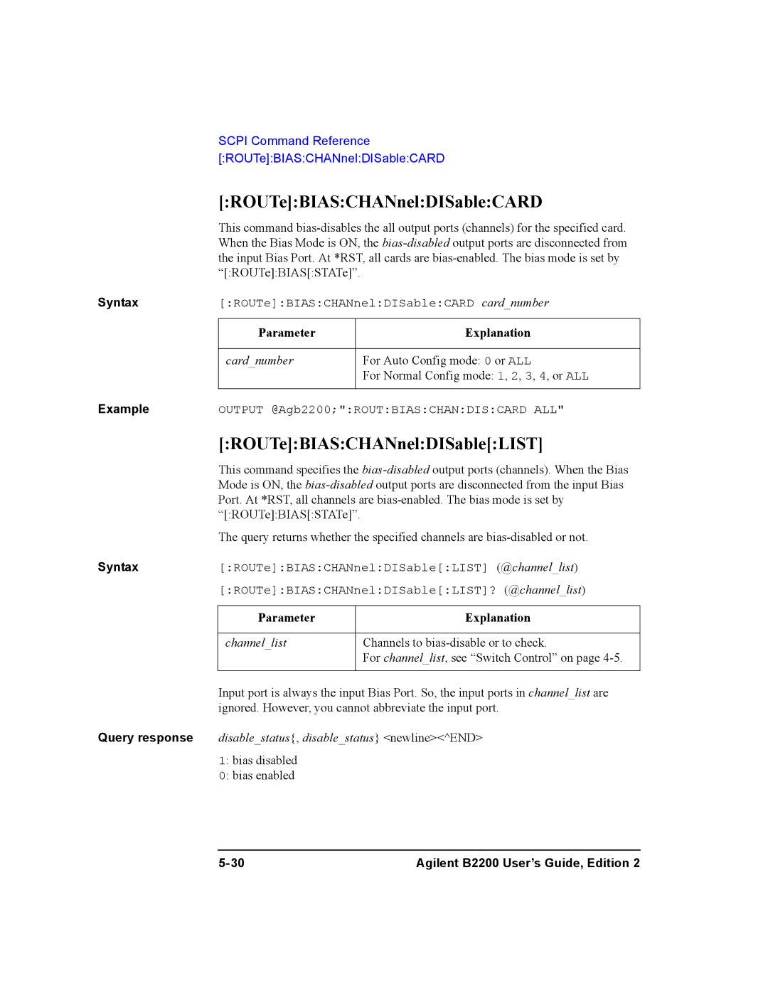 Agilent Technologies B2200A, B2201A manual ROUTeBIASCHANnelDISableCARD, ROUTeBIASCHANnelDISableLIST 