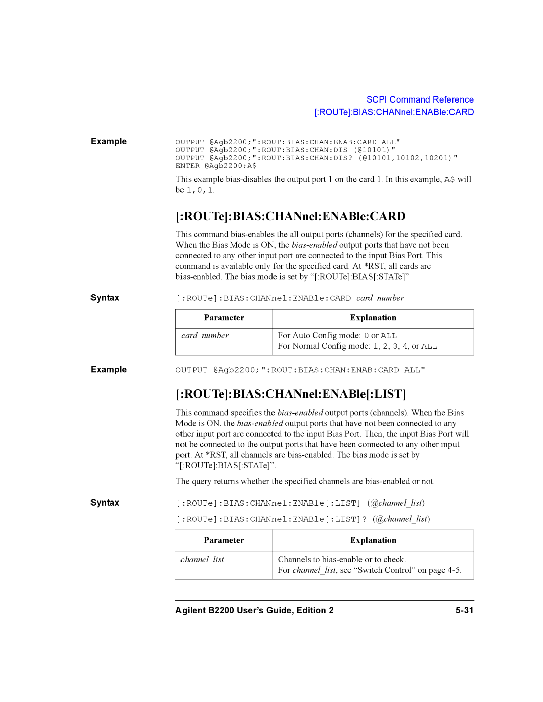 Agilent Technologies B2201A, B2200A manual ROUTeBIASCHANnelENABleCARD, ROUTeBIASCHANnelENABleLIST 