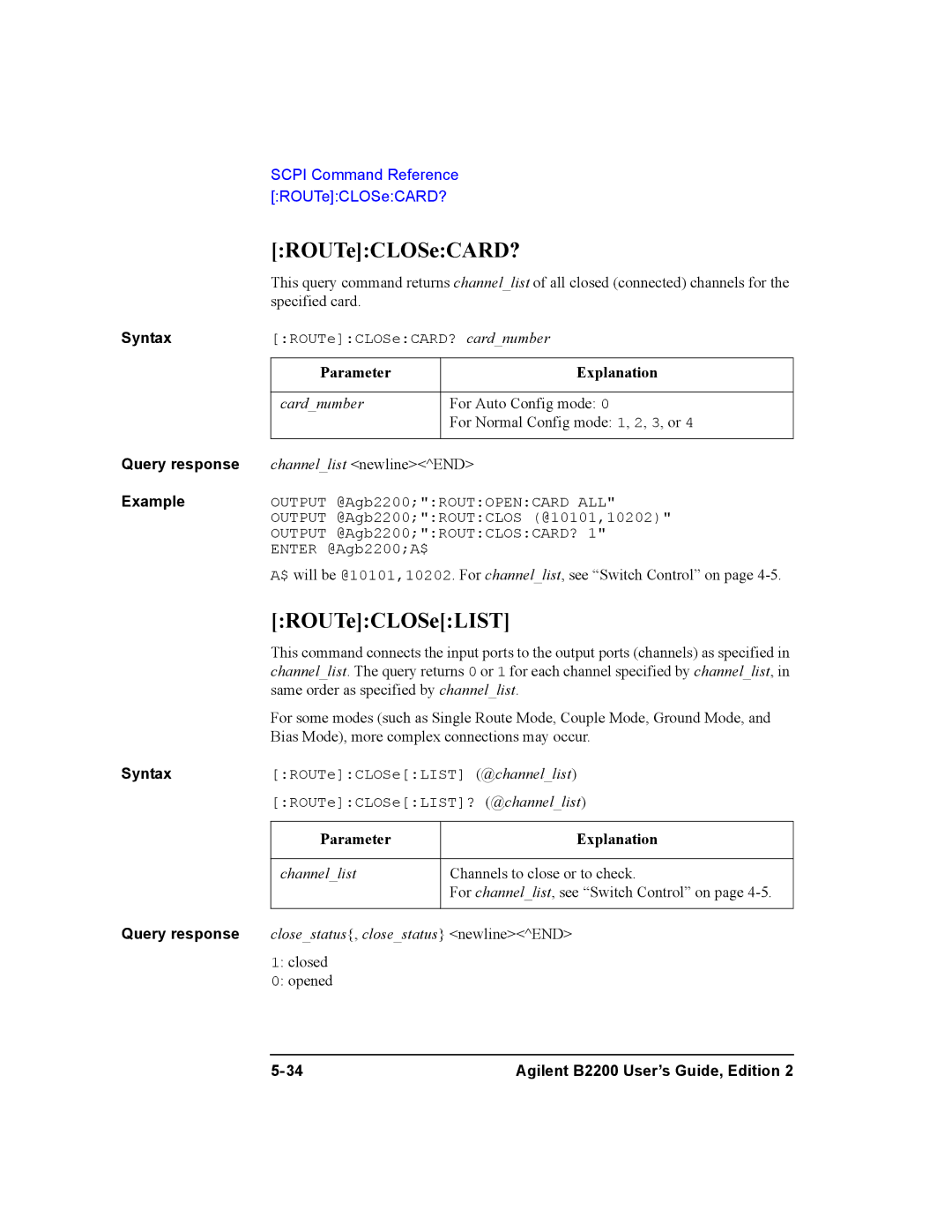 Agilent Technologies B2200A, B2201A manual ROUTeCLOSeCARD?, ROUTeCLOSeLIST 