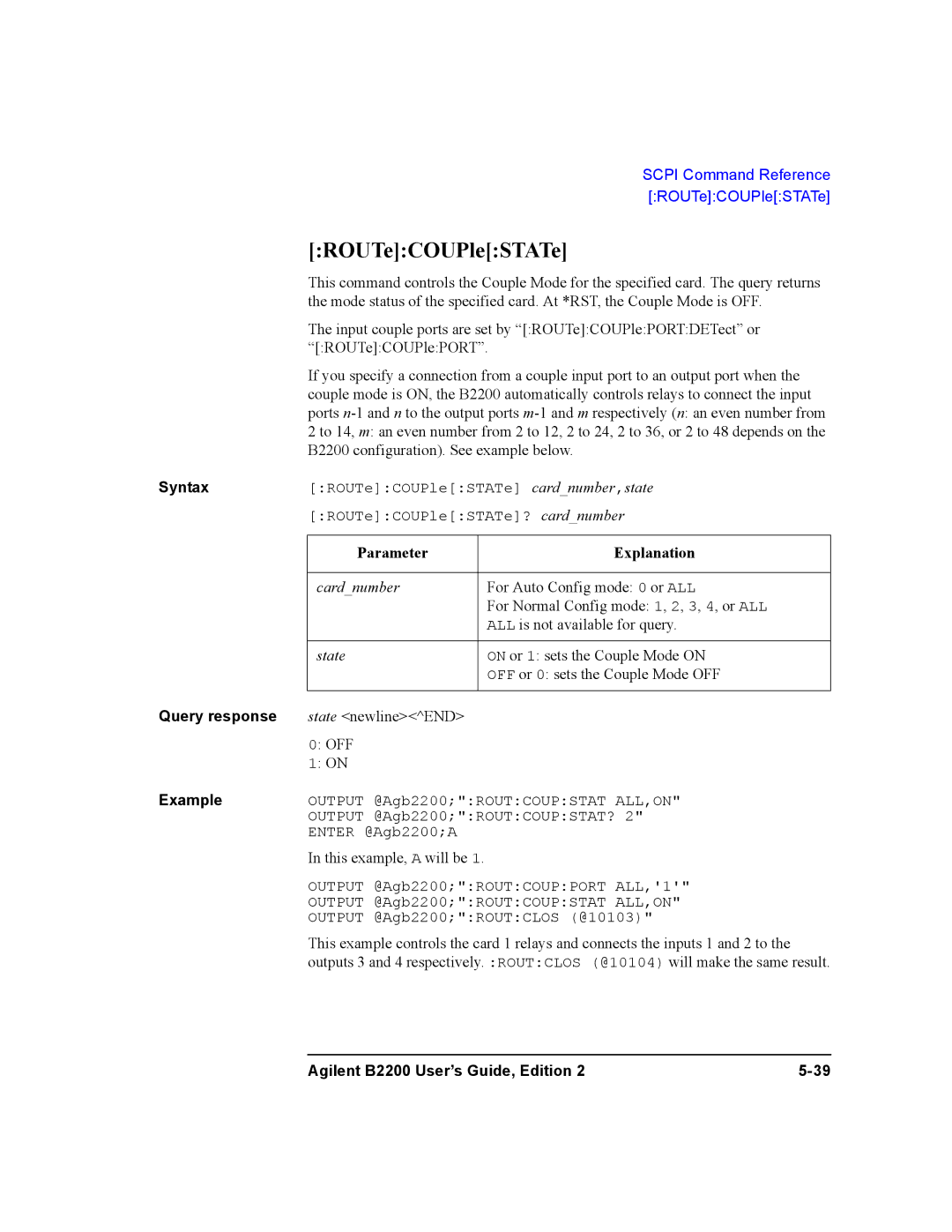 Agilent Technologies B2201A, B2200A manual ROUTeCOUPleSTATe 