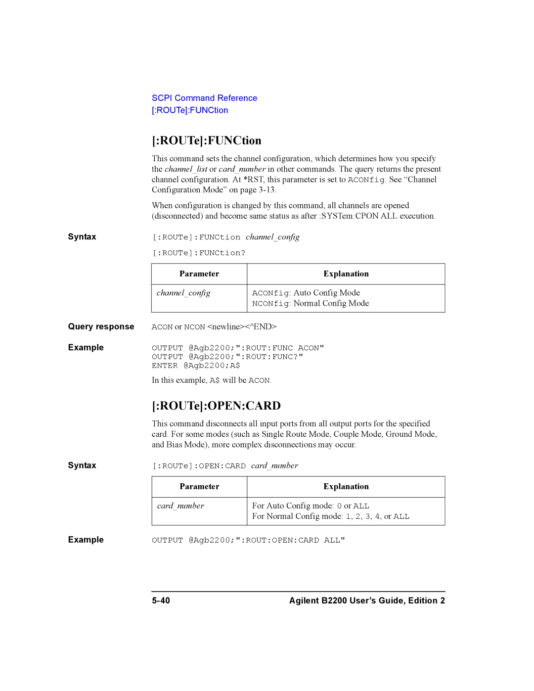 Agilent Technologies B2200A, B2201A manual ROUTeFUNCtion, ROUTeOPENCARD 