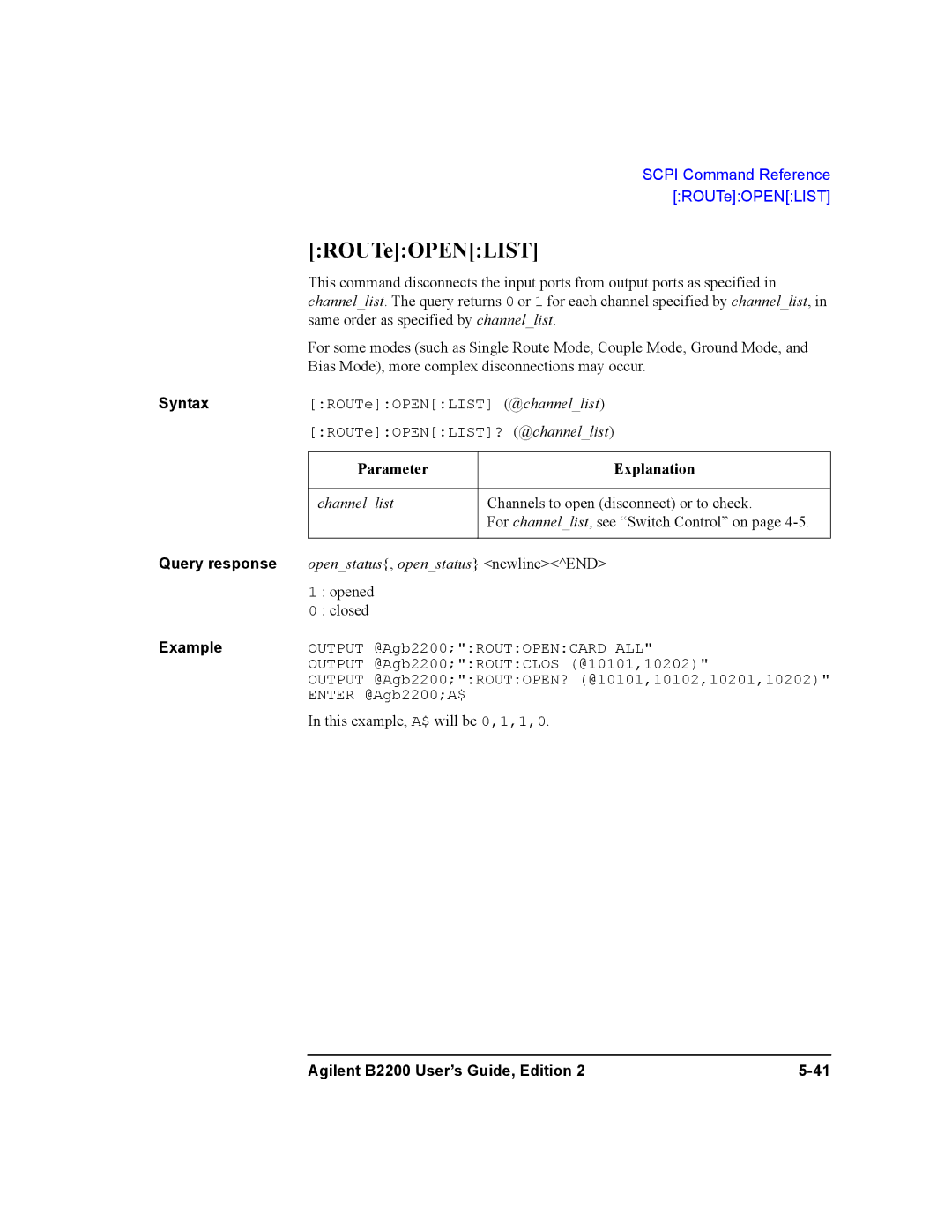 Agilent Technologies B2201A, B2200A manual ROUTeOPENLIST 