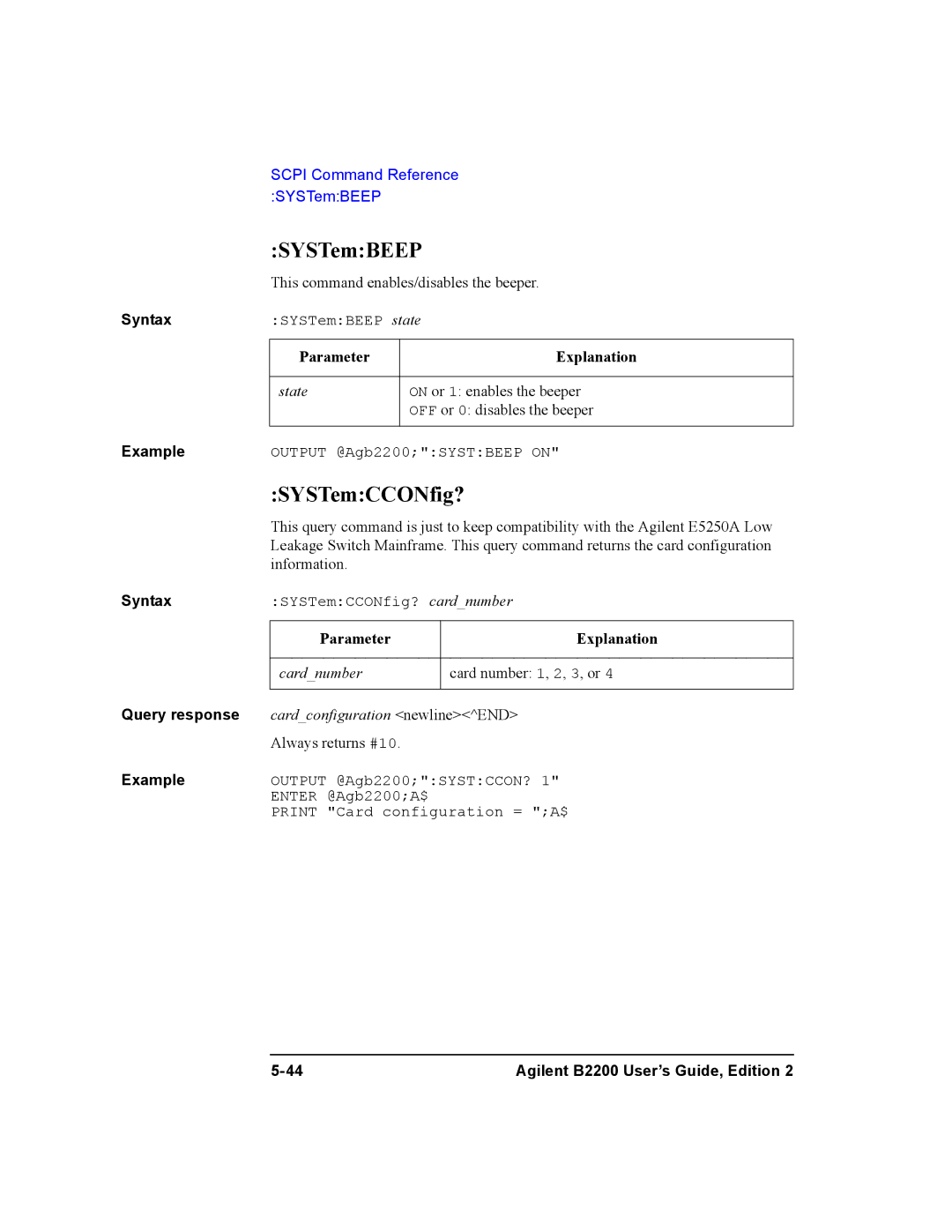 Agilent Technologies B2200A, B2201A manual SYSTemBEEP, SYSTemCCONfig? 