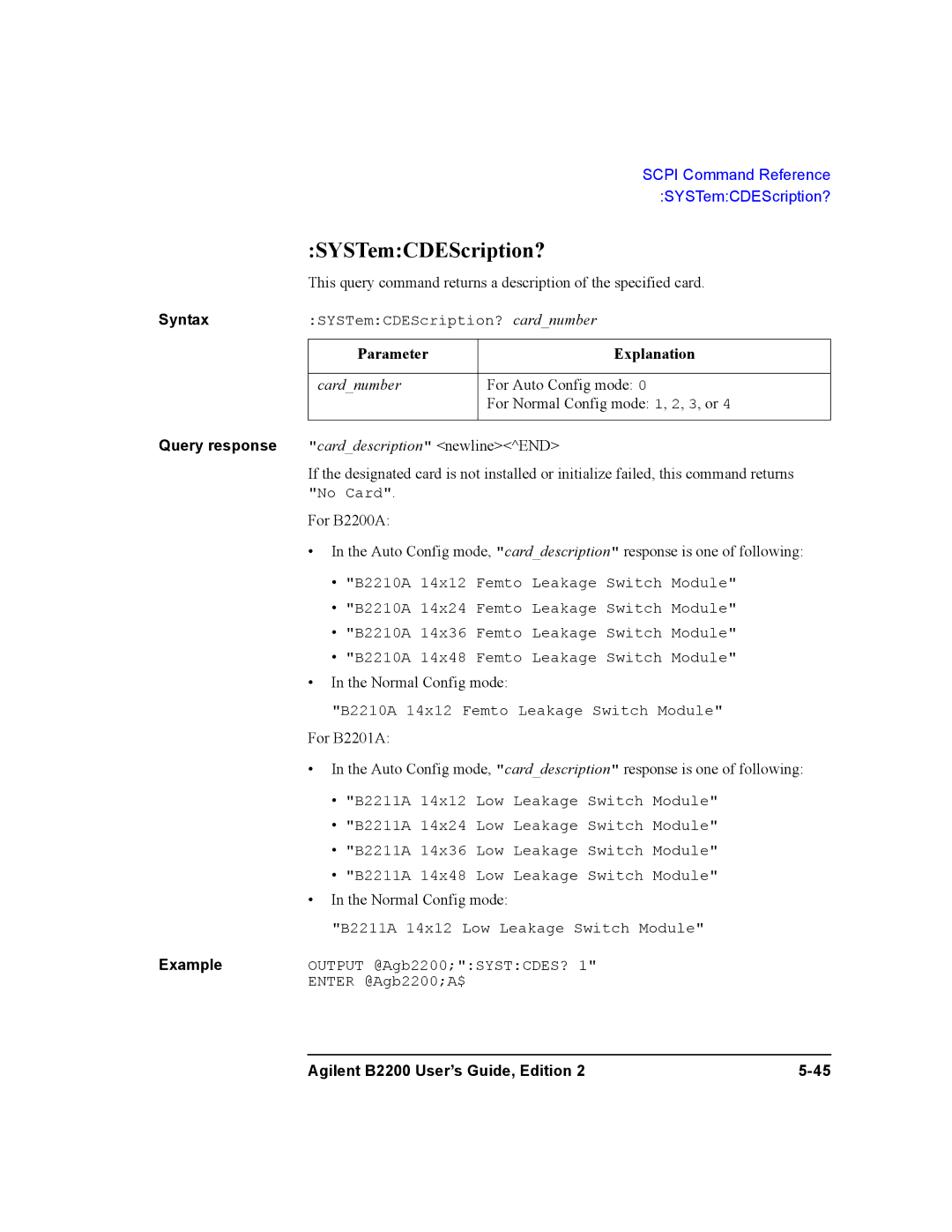 Agilent Technologies B2201A, B2200A manual SYSTemCDEScription?, Query response carddescription newlineEND 