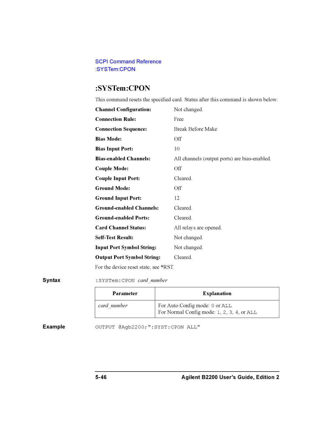 Agilent Technologies B2200A, B2201A manual SYSTemCPON 