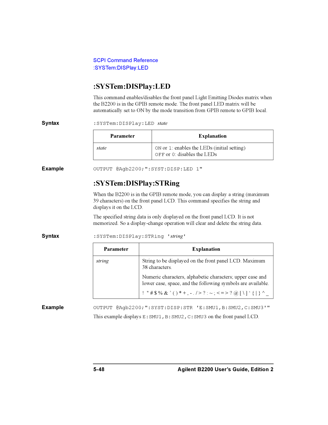 Agilent Technologies B2200A, B2201A manual SYSTemDISPlayLED, SYSTemDISPlaySTRing 