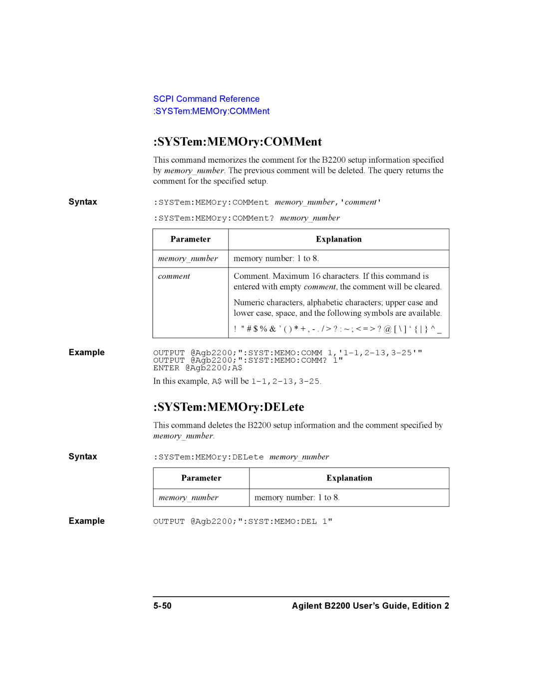 Agilent Technologies B2200A, B2201A manual SYSTemMEMOryCOMMent, SYSTemMEMOryDELete 