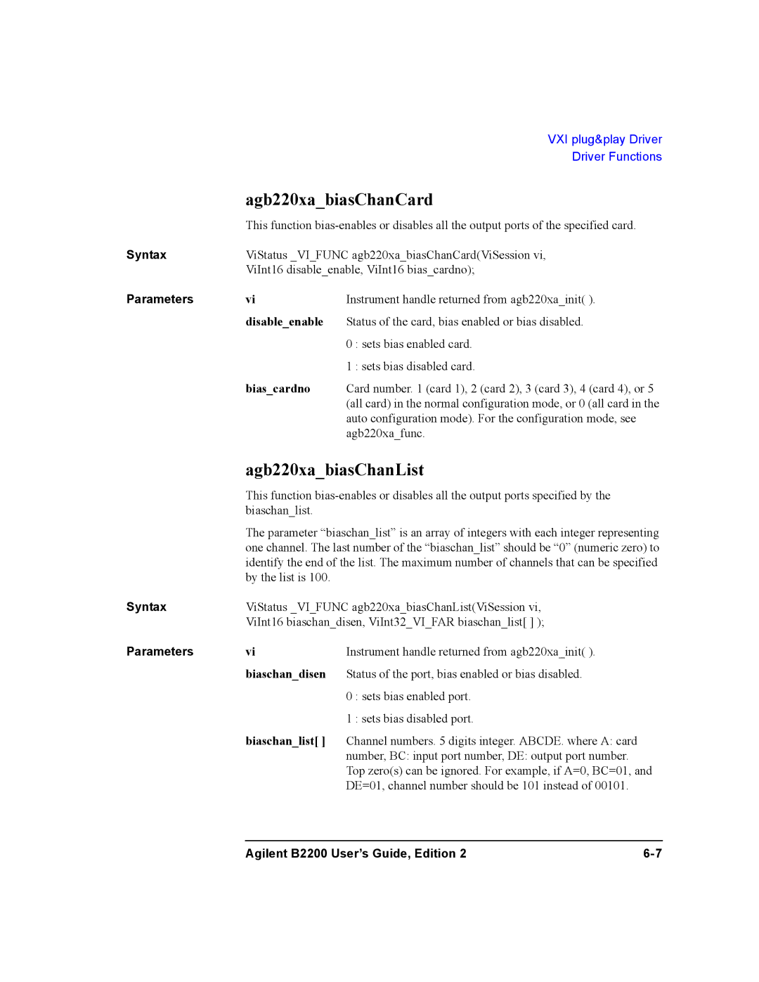 Agilent Technologies B2201A, B2200A manual Agb220xabiasChanCard, Agb220xabiasChanList 