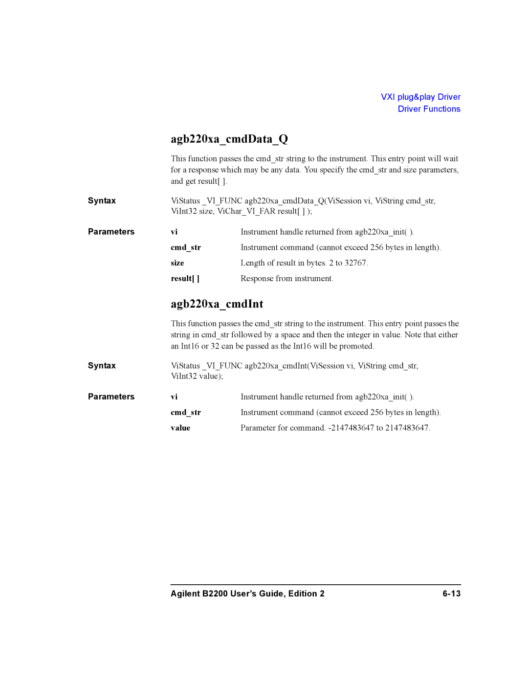 Agilent Technologies B2201A, B2200A manual Agb220xacmdDataQ, Agb220xacmdInt, Size, Result, Value 